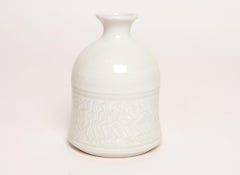 Vintage White Glazed Studio Ceramic Vase with Sgraffito Detail by Deanna Nichols