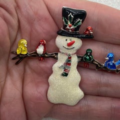 Vintage White Glitter Snowman and Enamel Birds on a Branch Christmas Brooch Pin