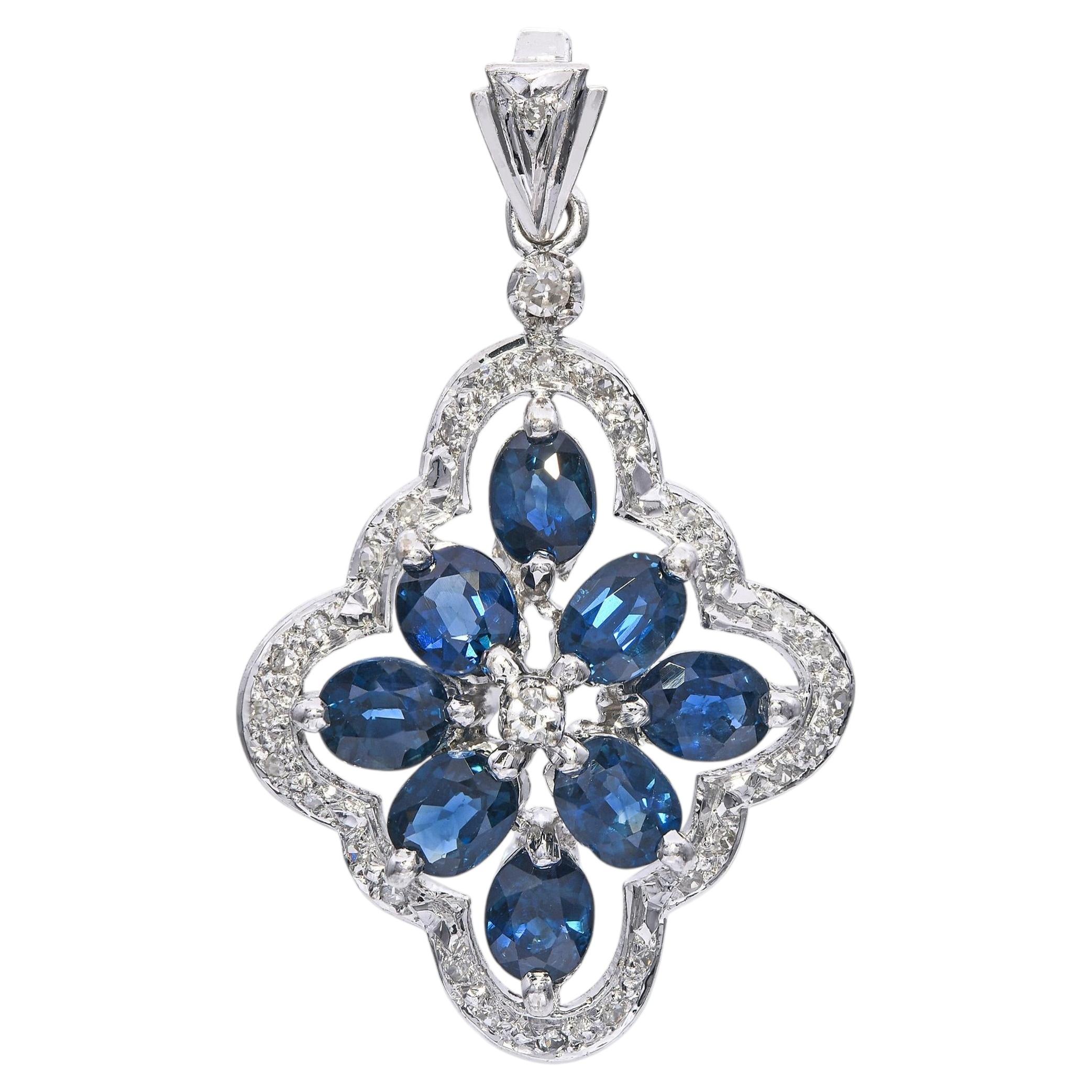 Vintage White Gold 0.25tcw Diamond and 1.63tcw Sapphire Pendant