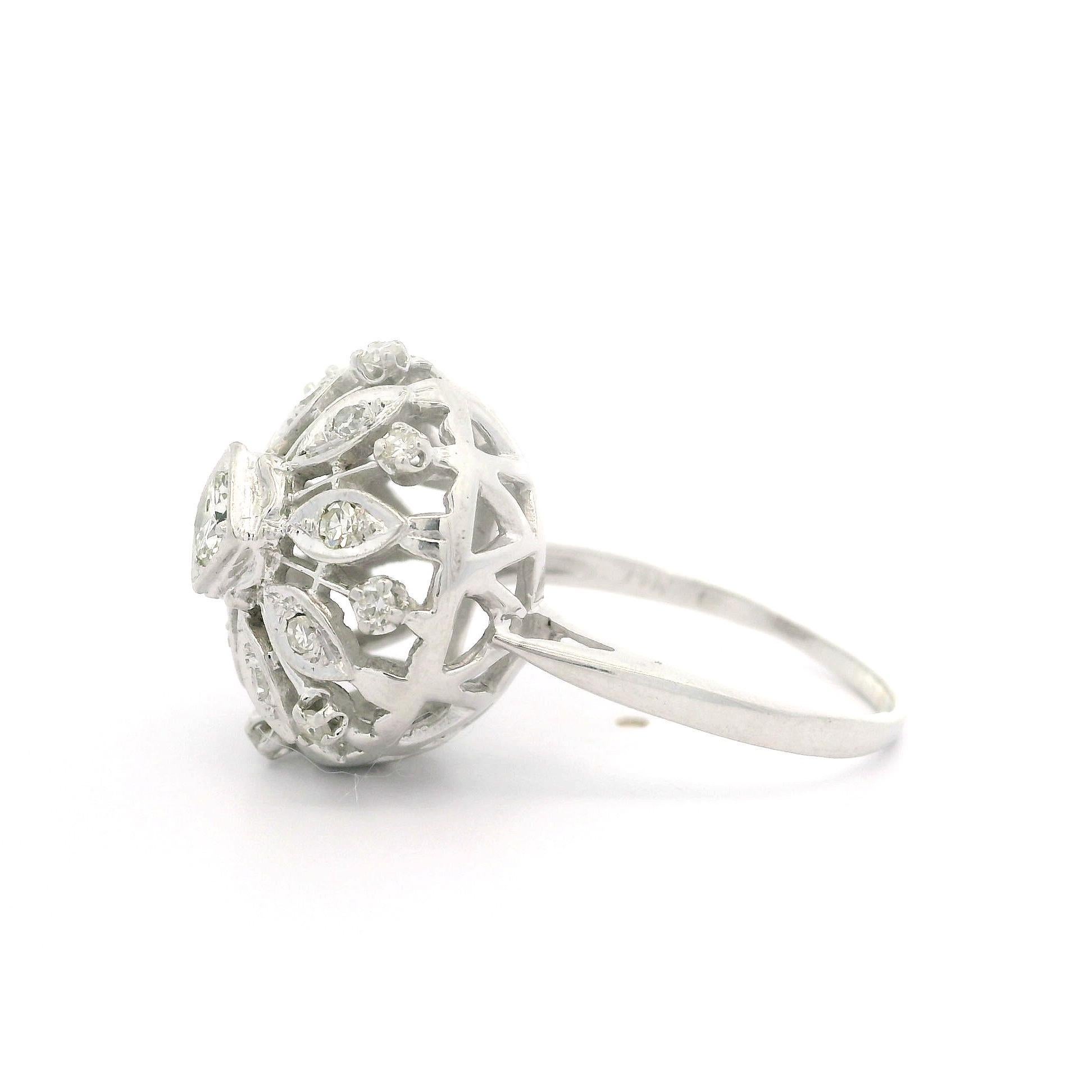 Vintage White Gold 0.56ctw Old Cut Diamond Large Open Work Domed Cocktail Ring For Sale 5