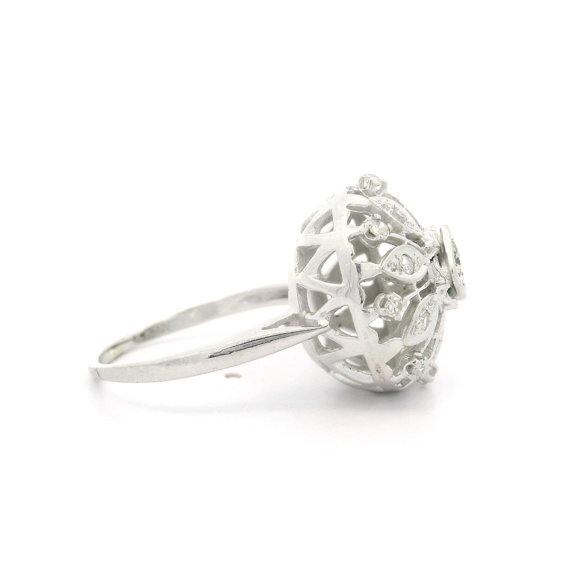 Vintage White Gold 0.56ctw Old Cut Diamond Large Open Work Domed Cocktail Ring For Sale 6