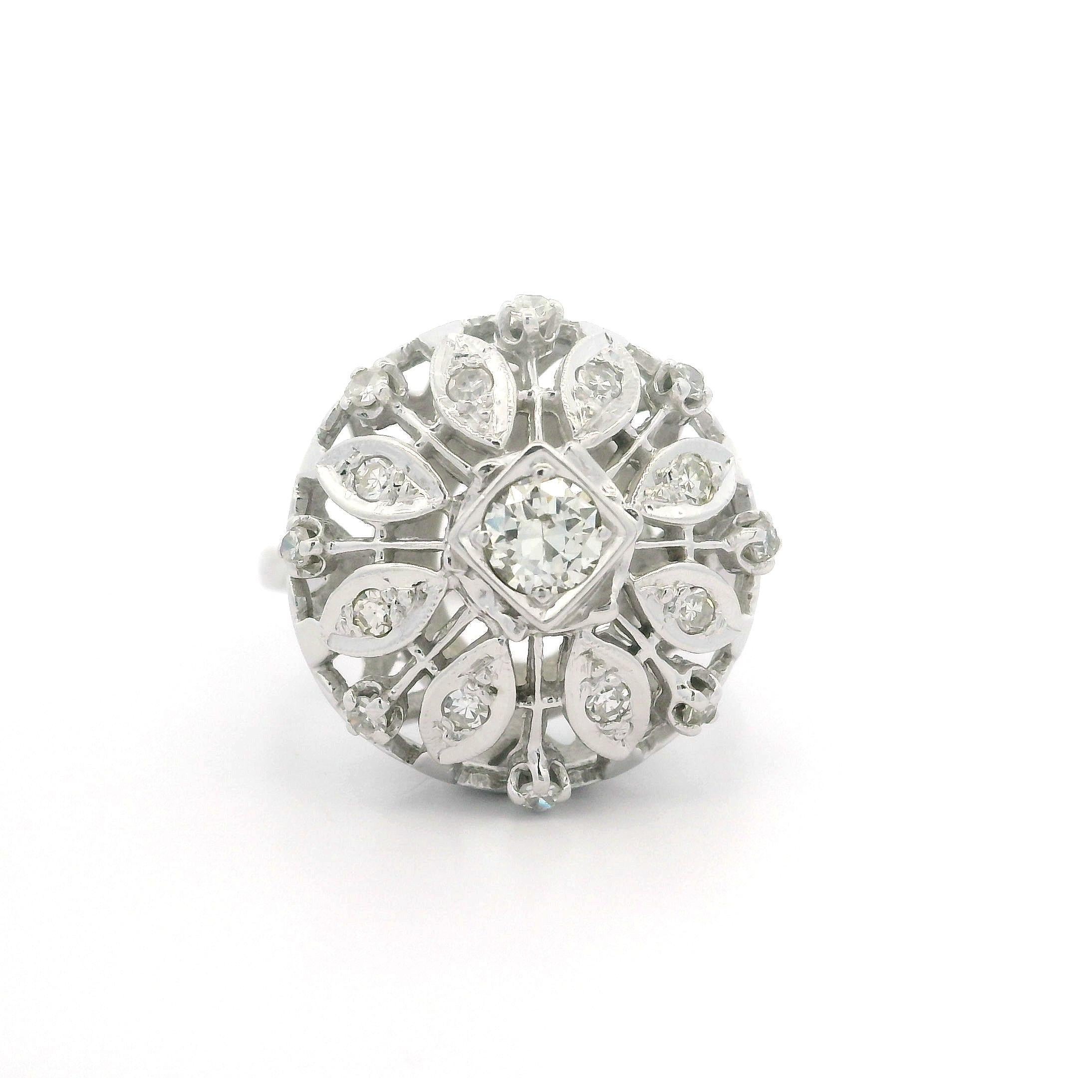 Vintage White Gold 0.56ctw Old Cut Diamond Large Open Work Domed Cocktail Ring For Sale 9