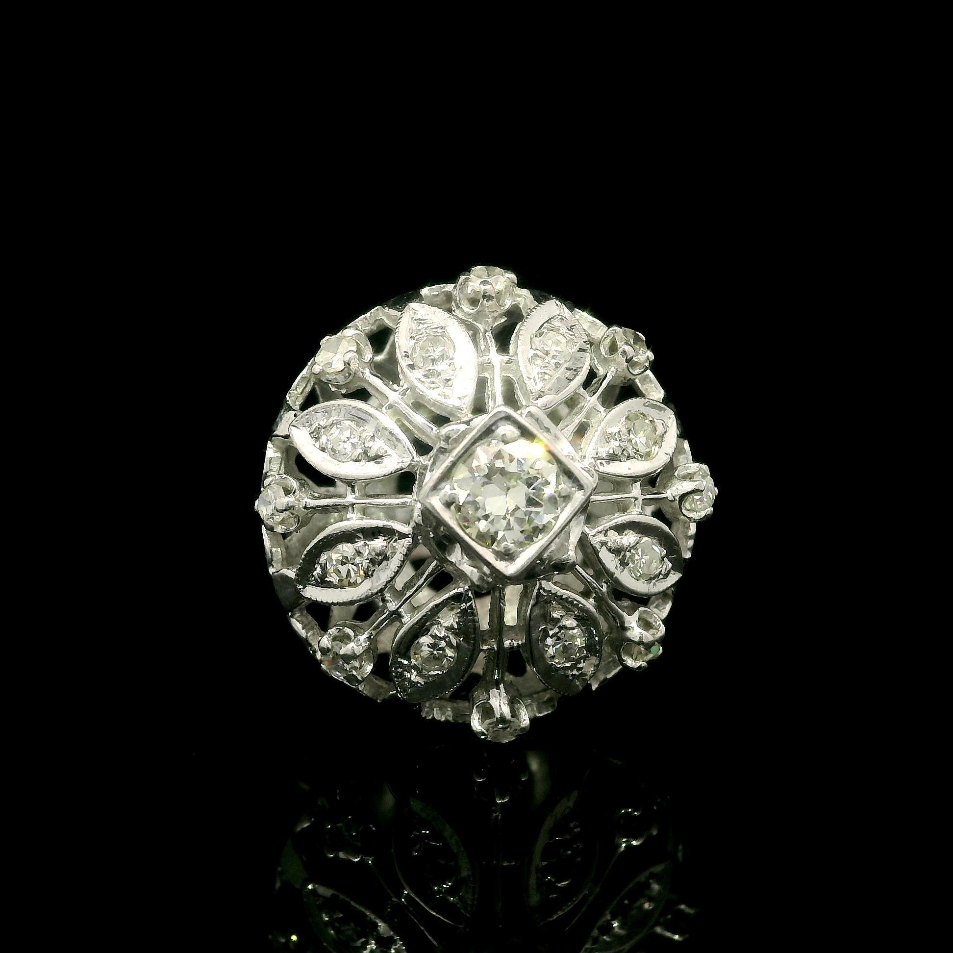 –Stone(s): –
(1) Natural Genuine Diamond - Old European Cut - Pave Set - Faint Yellowish Color - SI2 Clarity - 0.26ct (approx.)
(16) Natural Genuine Diamonds - Old Single Cut - Prong & Pave Set - Nice White Brilliant Colors - 0.30ctw (approx.)
Total