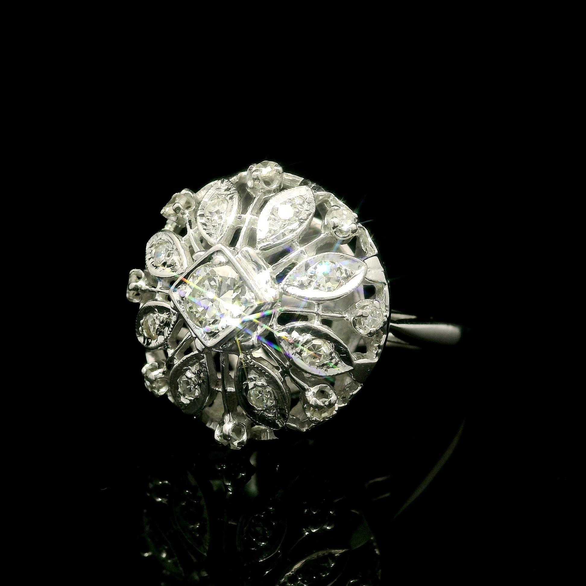 Vintage White Gold 0.56ctw Old Cut Diamond Large Open Work Domed Cocktail Ring In Excellent Condition For Sale In Montclair, NJ