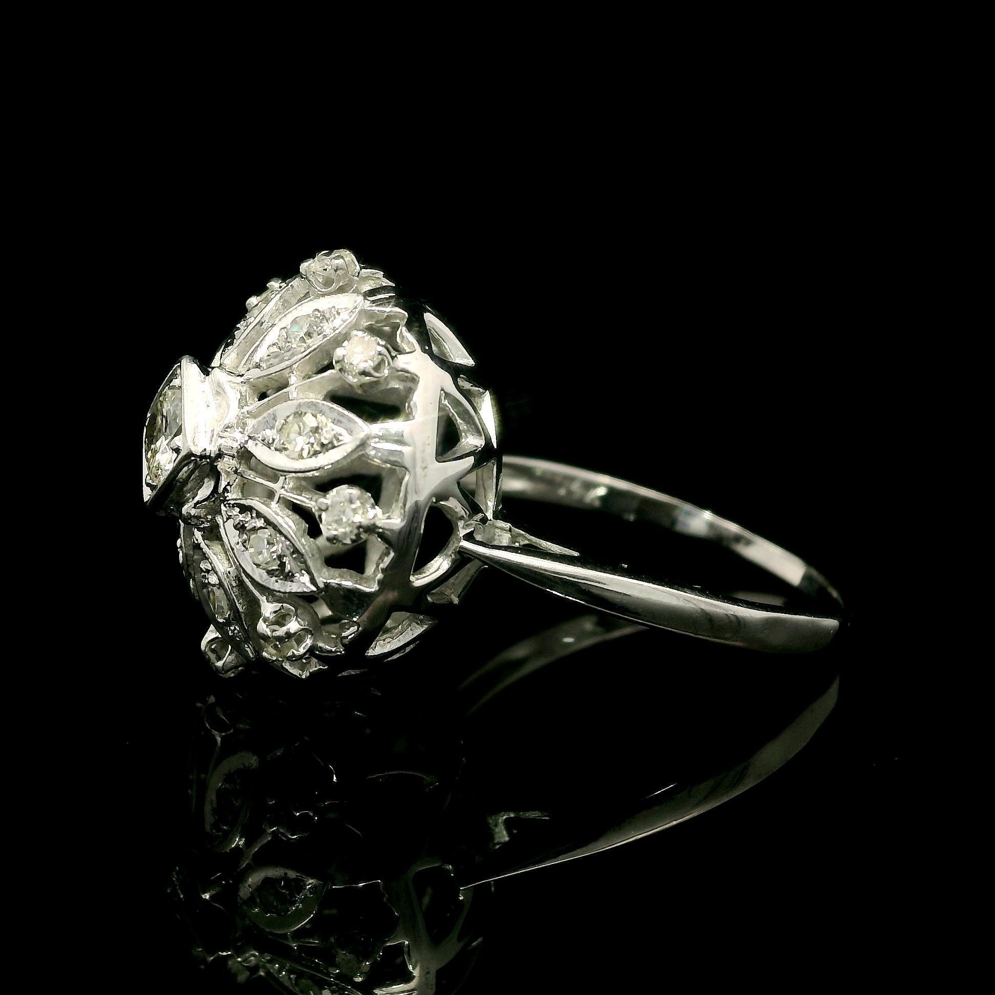 Women's Vintage White Gold 0.56ctw Old Cut Diamond Large Open Work Domed Cocktail Ring For Sale