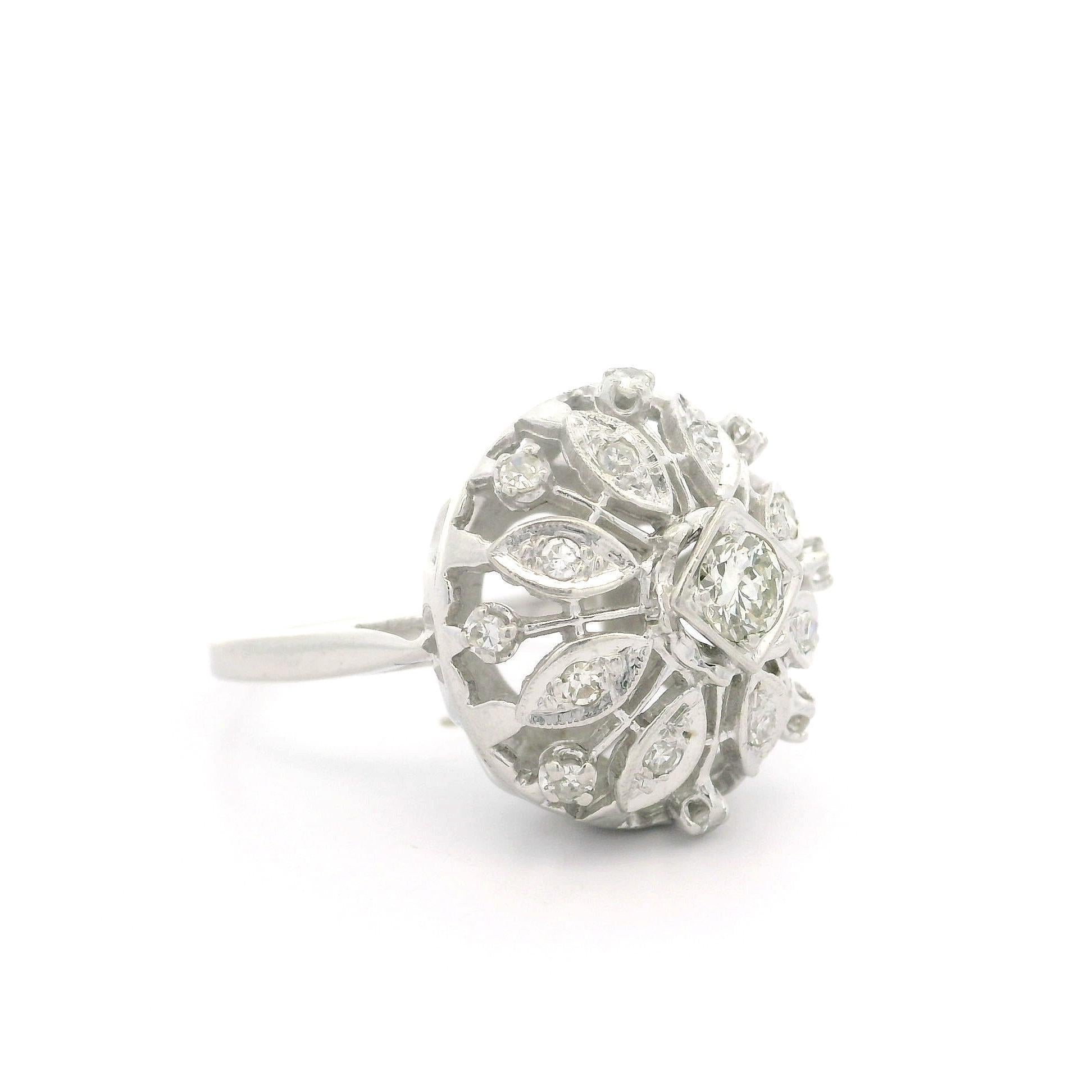 Vintage White Gold 0.56ctw Old Cut Diamond Large Open Work Domed Cocktail Ring For Sale 3