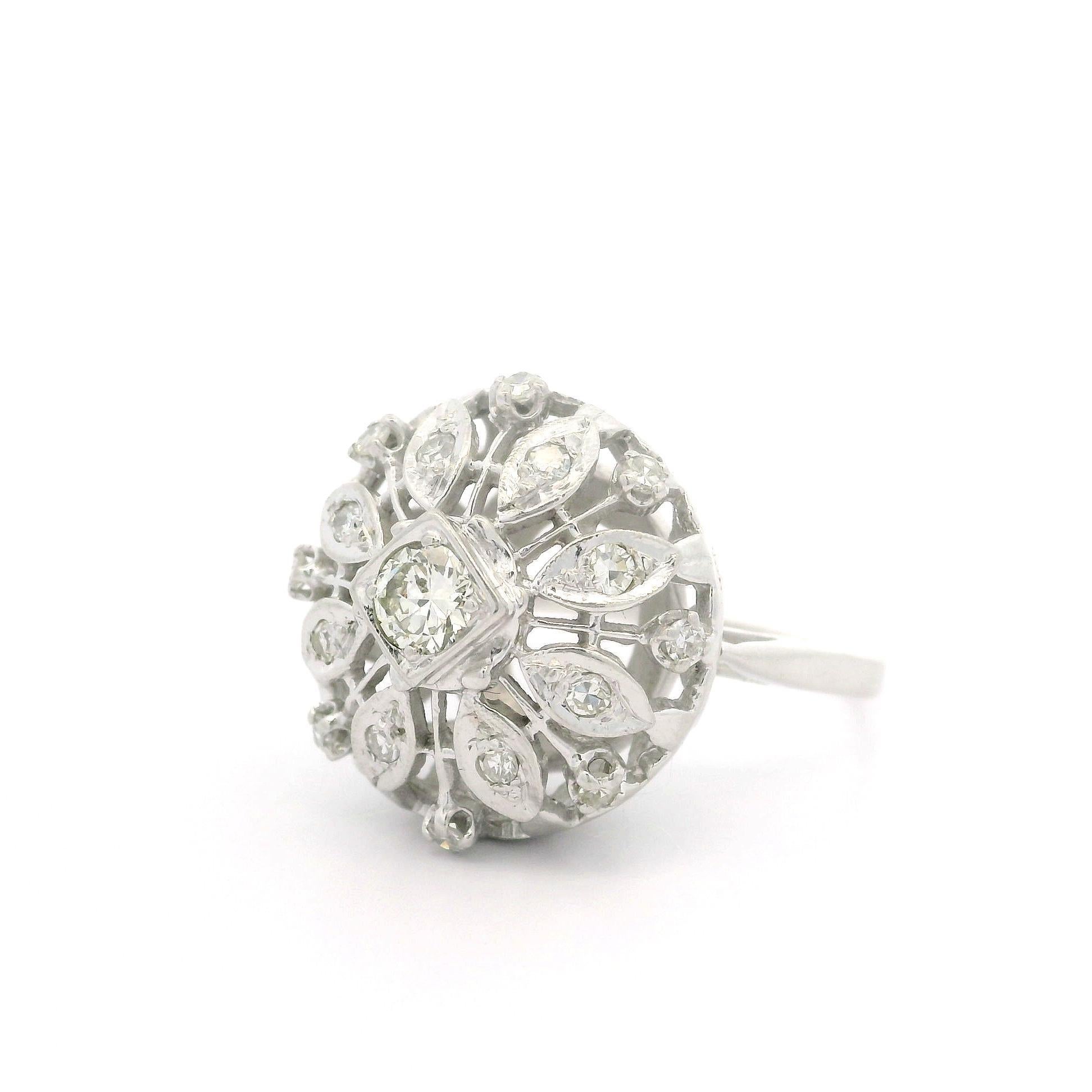 Vintage White Gold 0.56ctw Old Cut Diamond Large Open Work Domed Cocktail Ring For Sale 4
