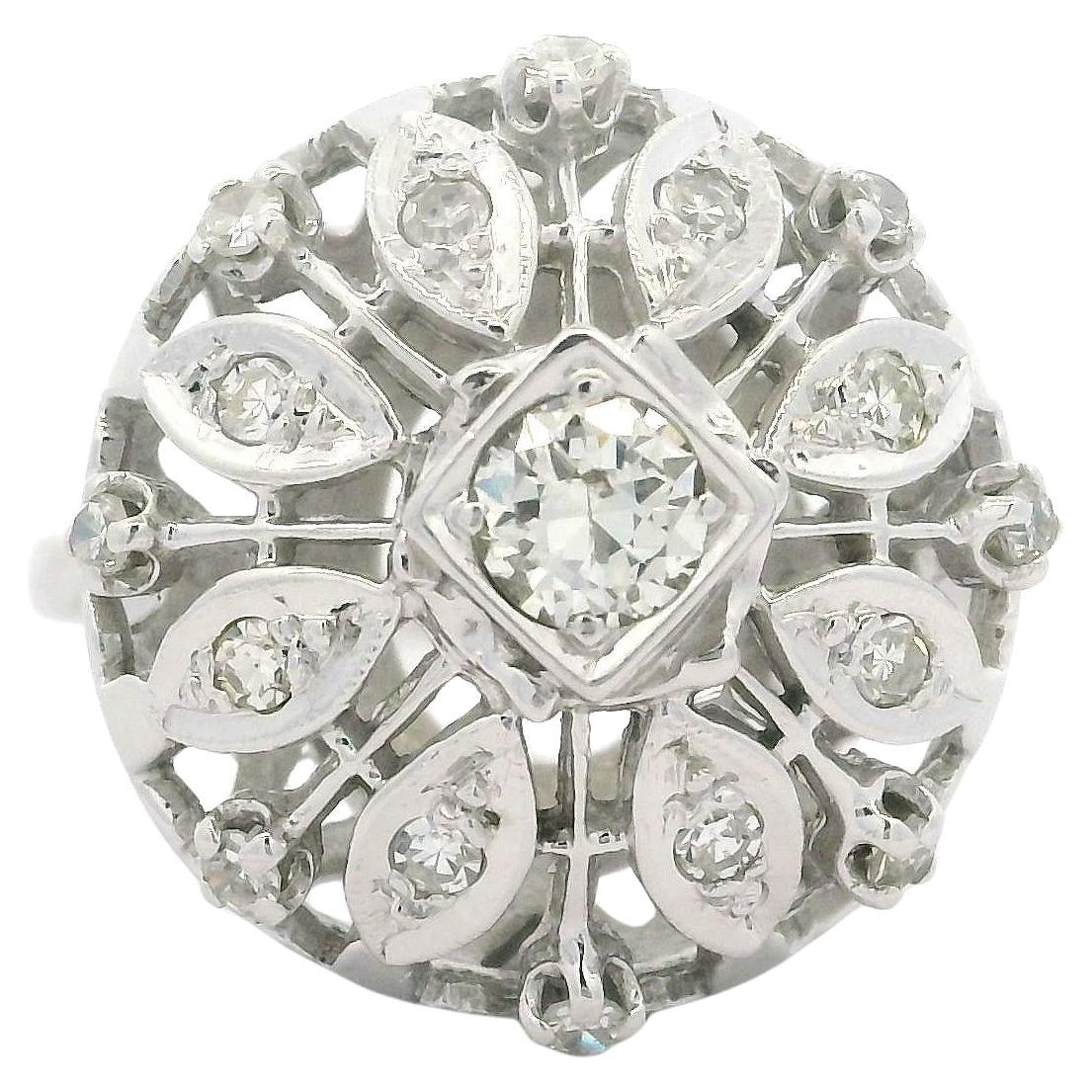 Vintage White Gold 0.56ctw Old Cut Diamond Large Open Work Domed Cocktail Ring For Sale