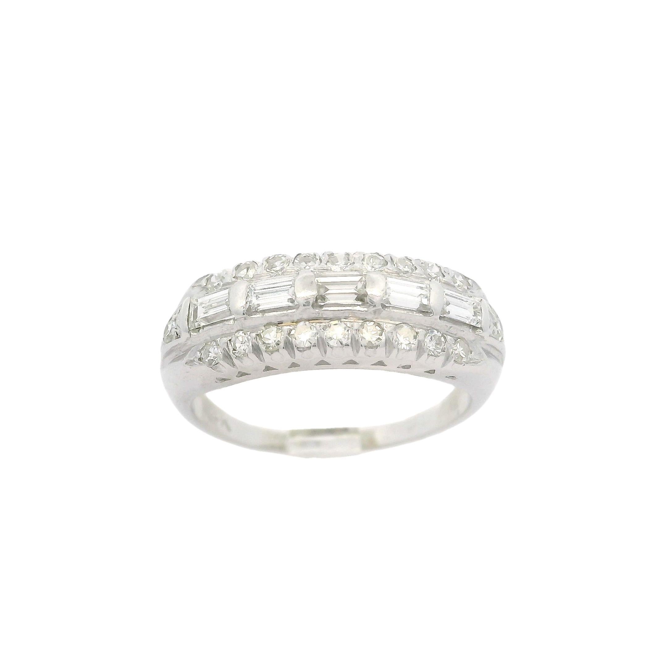 –Stone(s)–
(25) Natural Genuine Diamonds - 20 Single Cut & 5 Straight Baguette Cut - Pave & Channel Set - G/H Color - VS1/VS2 Clarity - 0.65ctw (approx.)

Material: Solid 14k White Gold 
Weight: 3.02 Grams
Ring Size: 6.0 ( fitted on finger, please