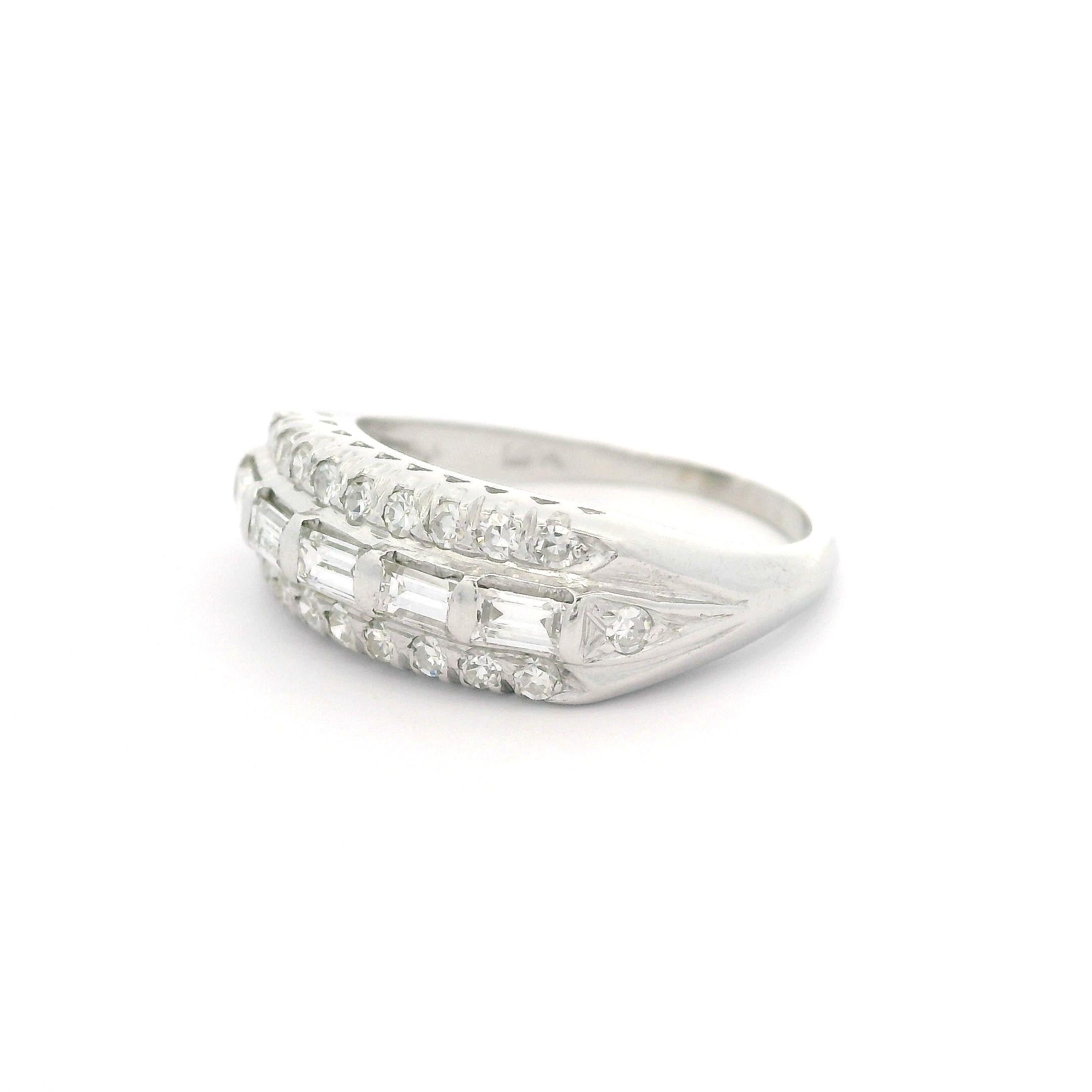Women's Vintage White Gold 0.65ctw Baguette & Single Cut Diamond Band Ring For Sale
