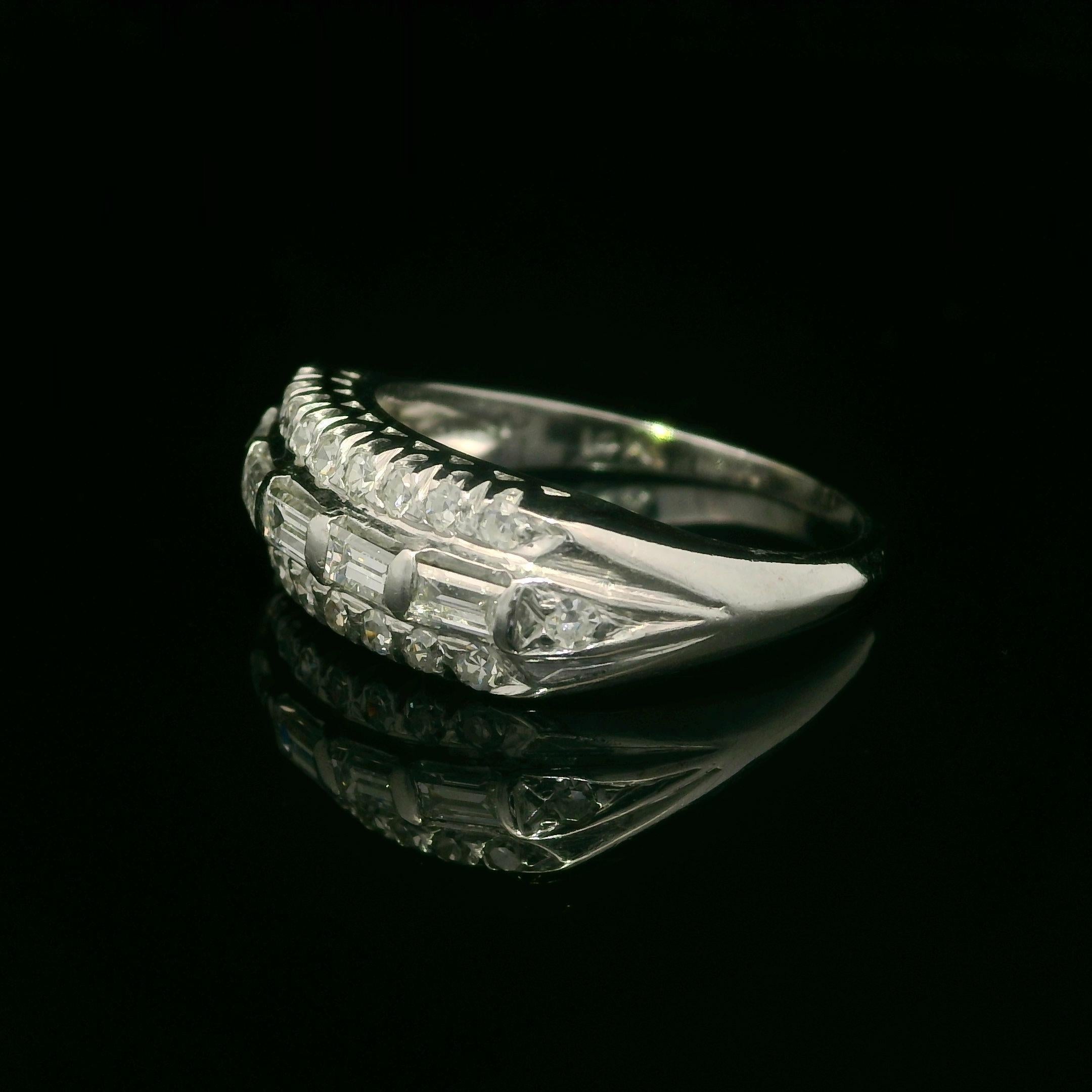 Vintage White Gold 0.65ctw Baguette & Single Cut Diamond Band Ring For Sale 3