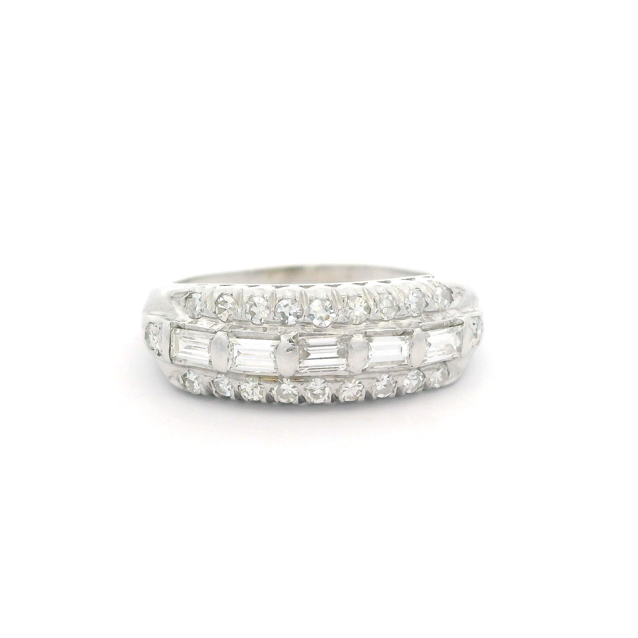 Vintage White Gold 0.65ctw Baguette & Single Cut Diamond Band Ring For Sale 4