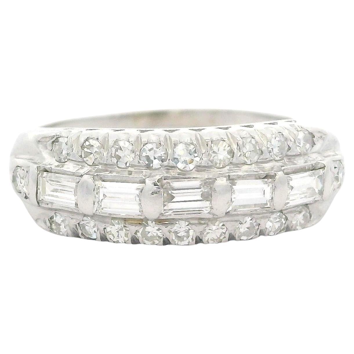 Vintage White Gold 0.65ctw Baguette & Single Cut Diamond Band Ring