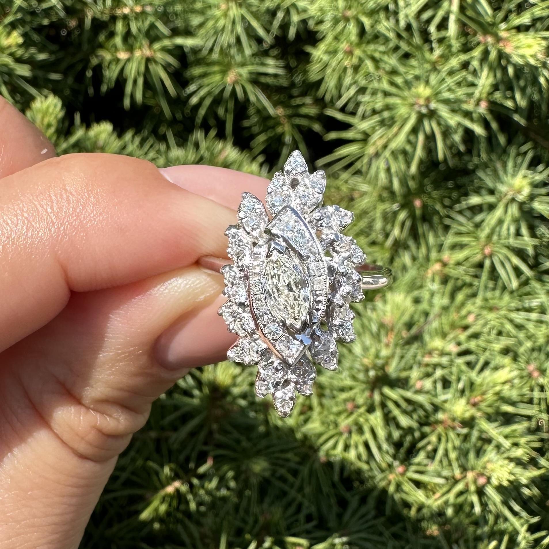 Vintage Weißgold 0,70ctw Diamant lange Marquise Navette Cocktail Erklärung Ring im Angebot 7