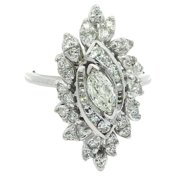 Vintage Weißgold 0,70ctw Diamant lange Marquise Navette Cocktail Erklärung Ring