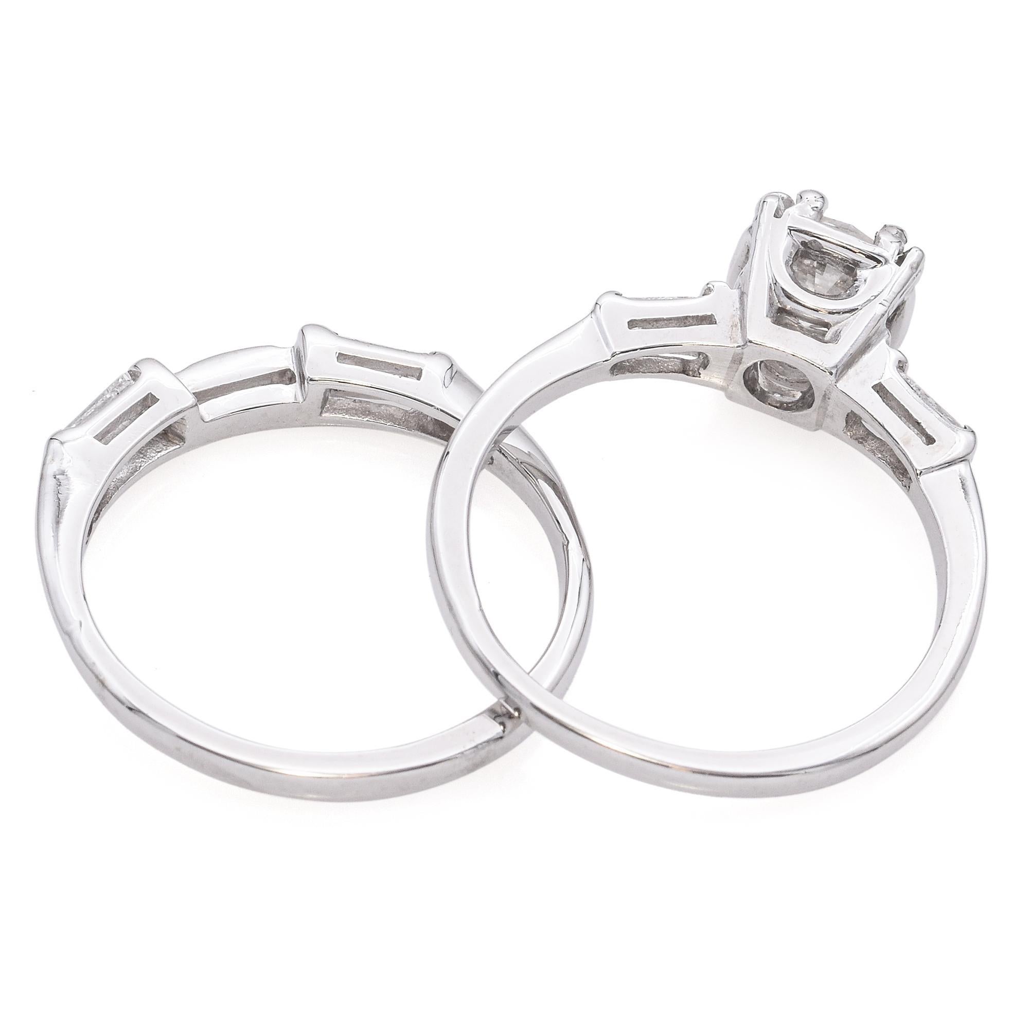 Women's Vintage White Gold 0.74ct H SI1 Diamond Engagement Ring and Band Set GIA For Sale