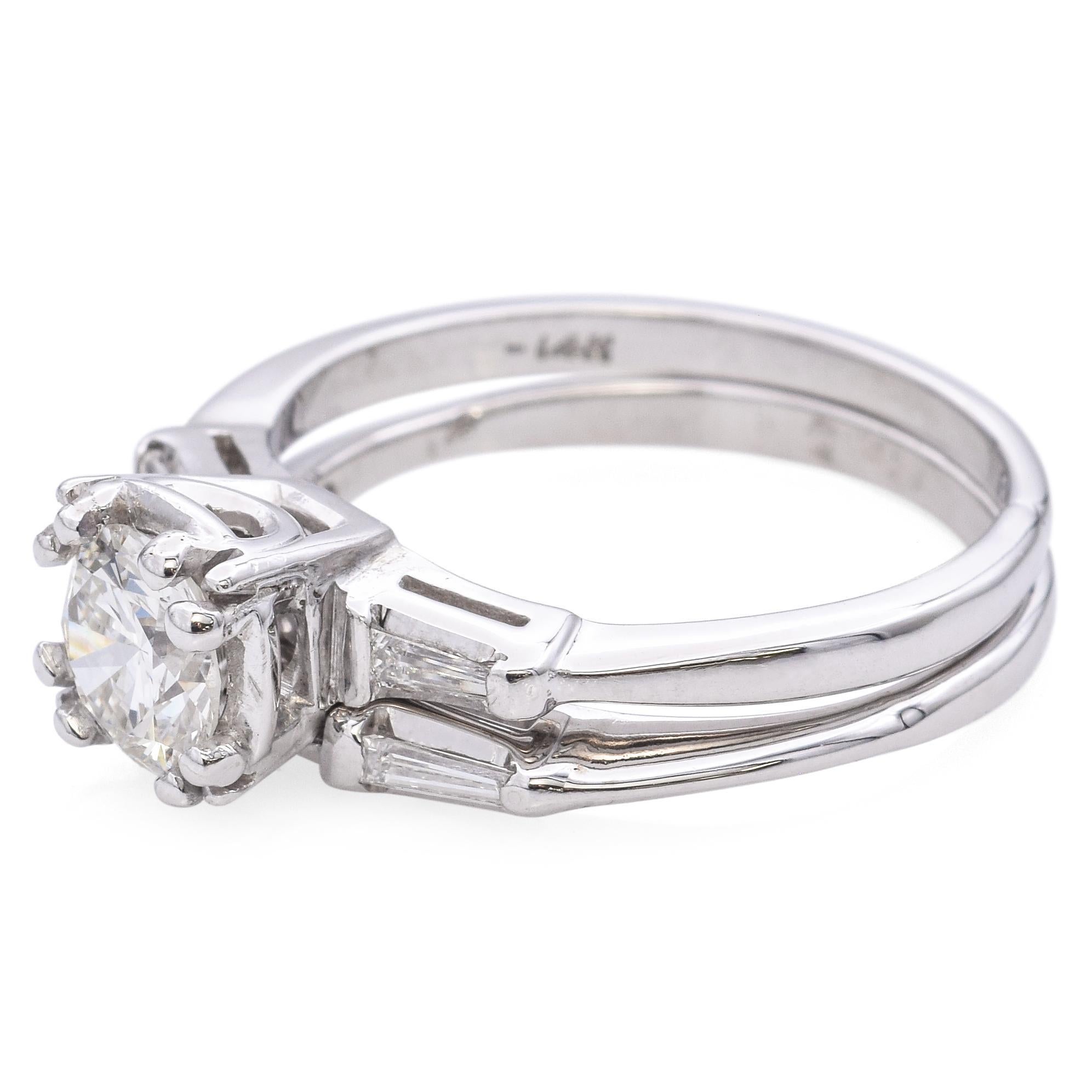Vintage White Gold 0.74ct H SI1 Diamond Engagement Ring and Band Set GIA For Sale 1
