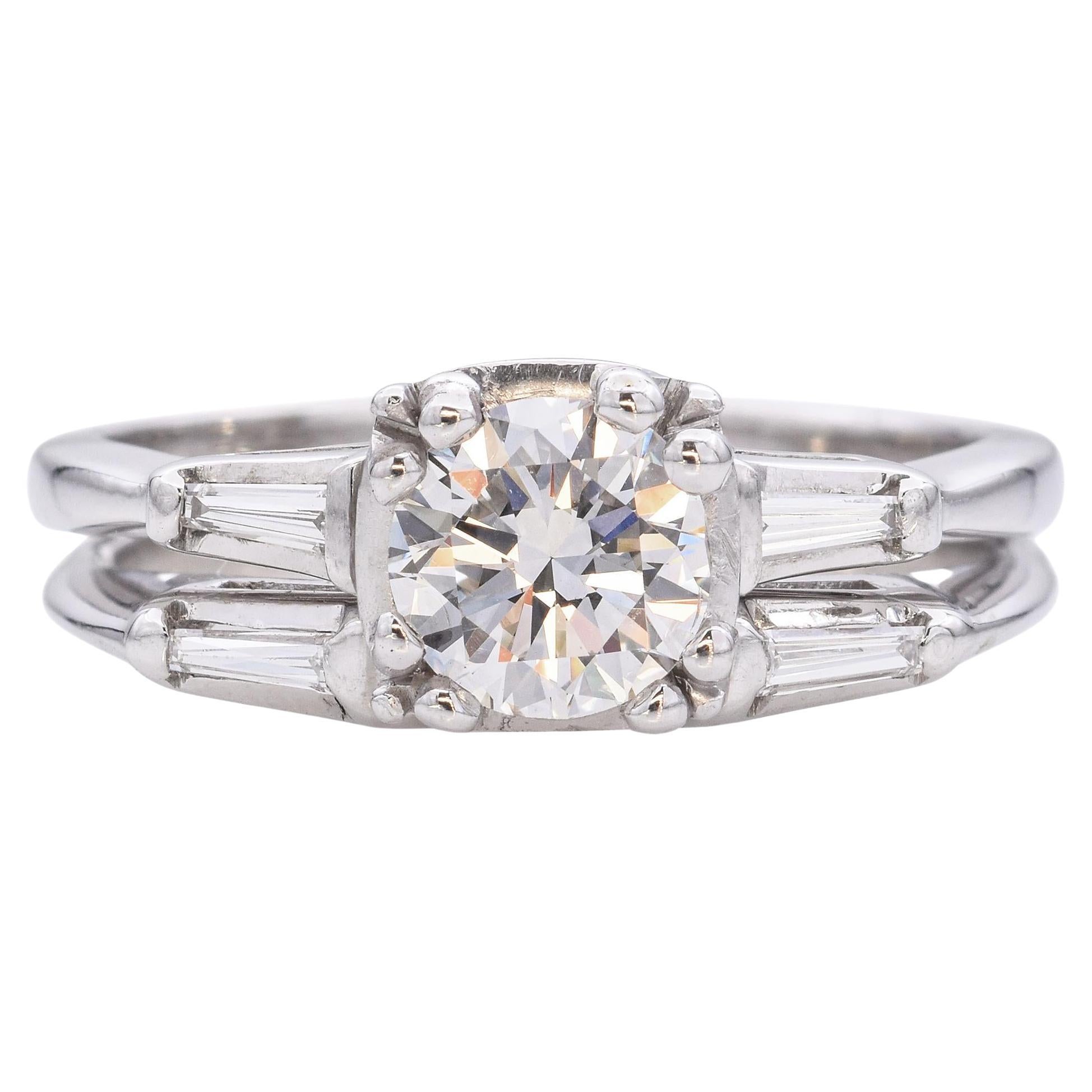 Vintage White Gold 0.74ct H SI1 Diamond Engagement Ring and Band Set GIA
