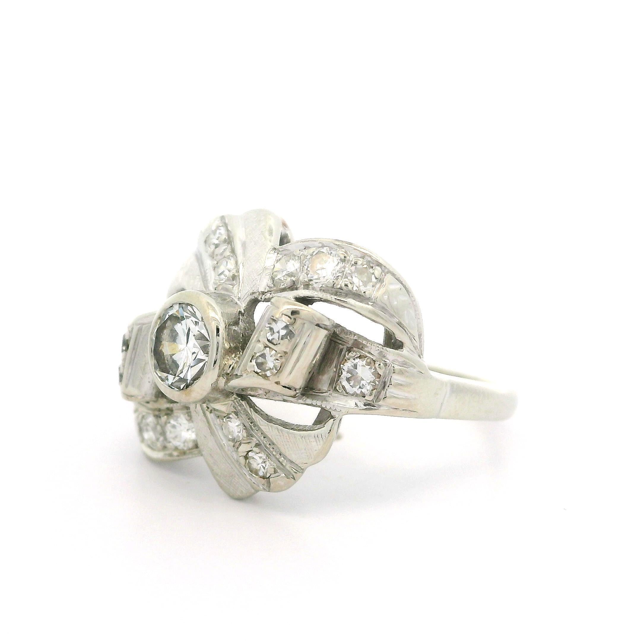 Vintage White Gold 0.85ctw Diamond Bow Style Textured Ribbon Cocktail Ring For Sale 6