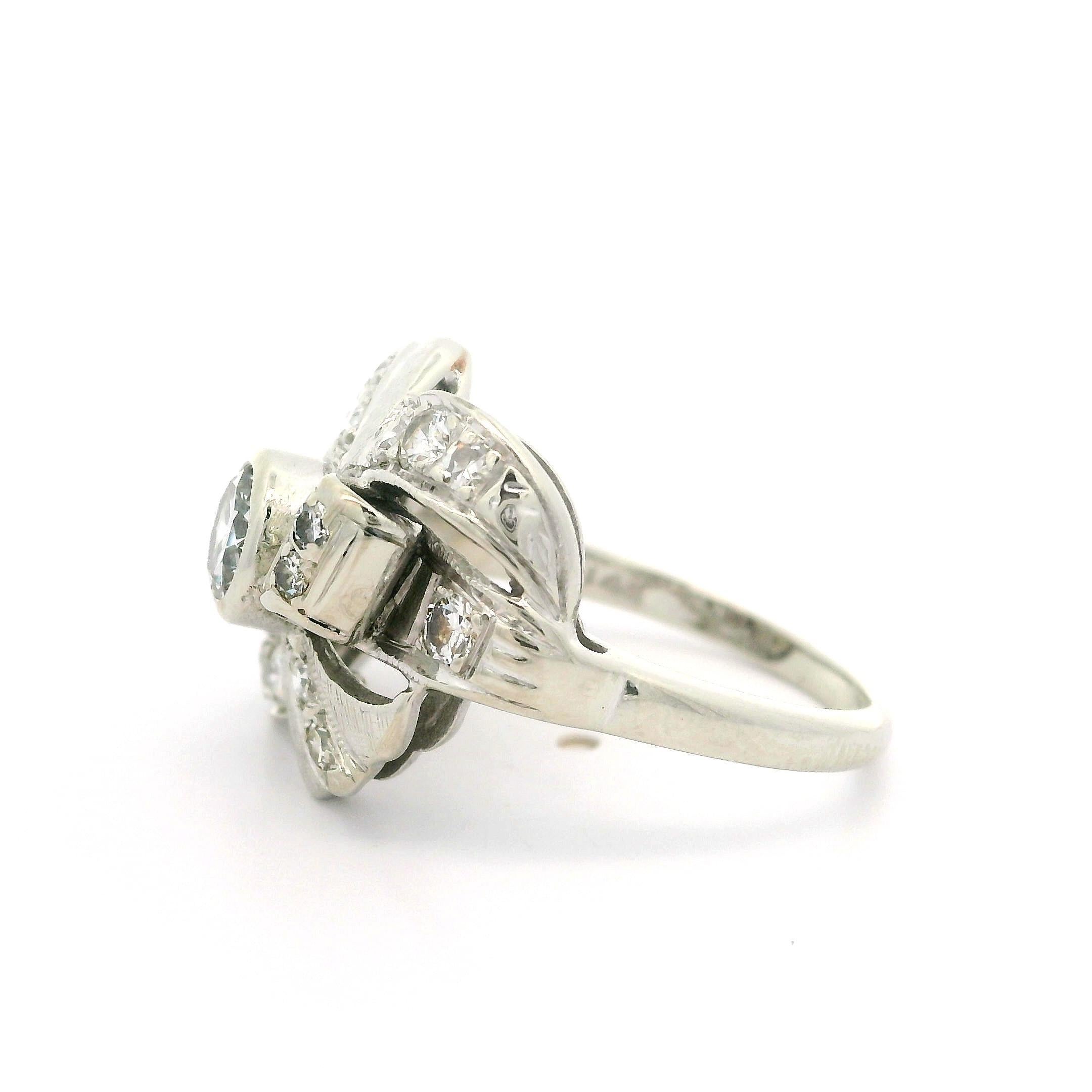 Vintage White Gold 0.85ctw Diamond Bow Style Textured Ribbon Cocktail Ring For Sale 7