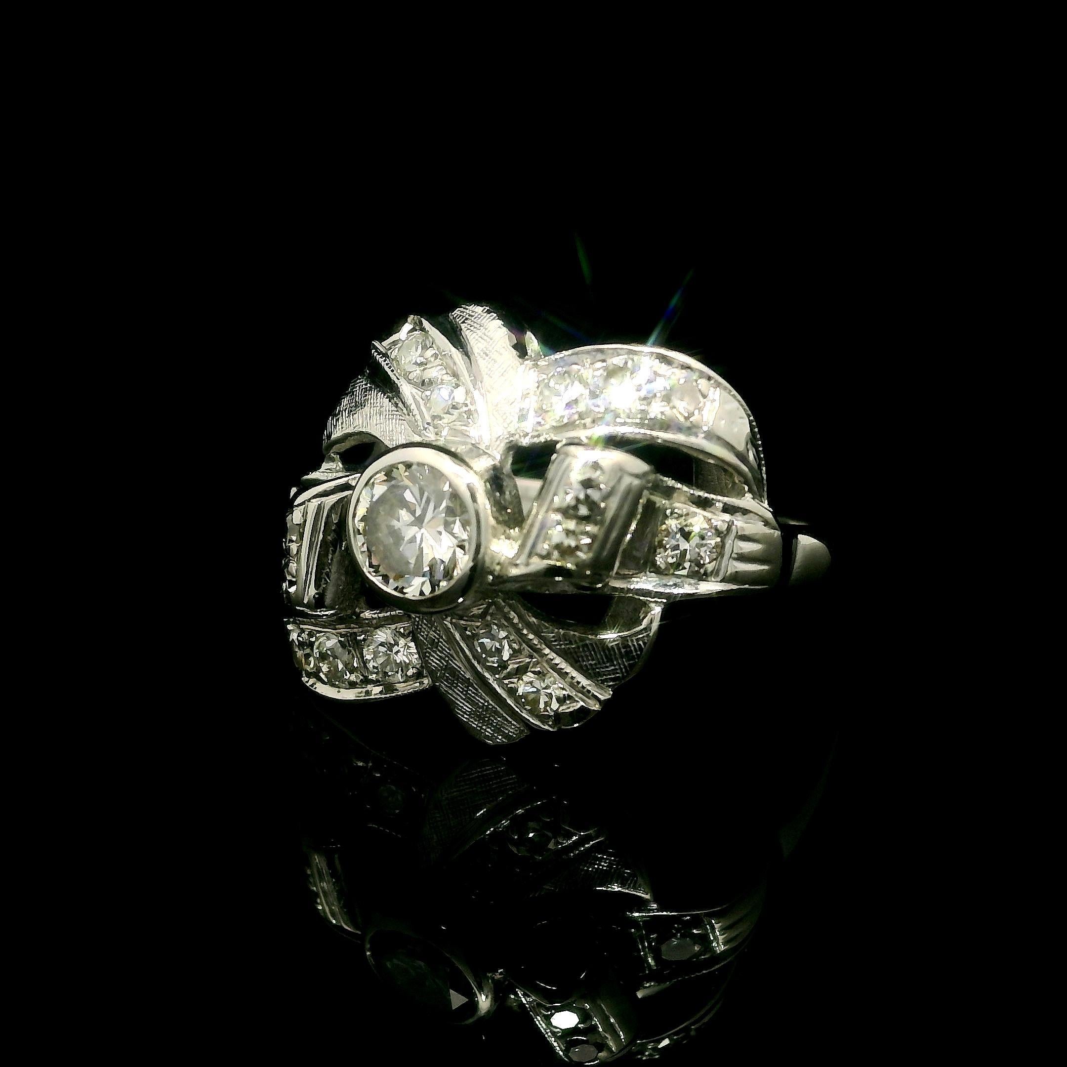 Brilliant Cut Vintage White Gold 0.85ctw Diamond Bow Style Textured Ribbon Cocktail Ring For Sale