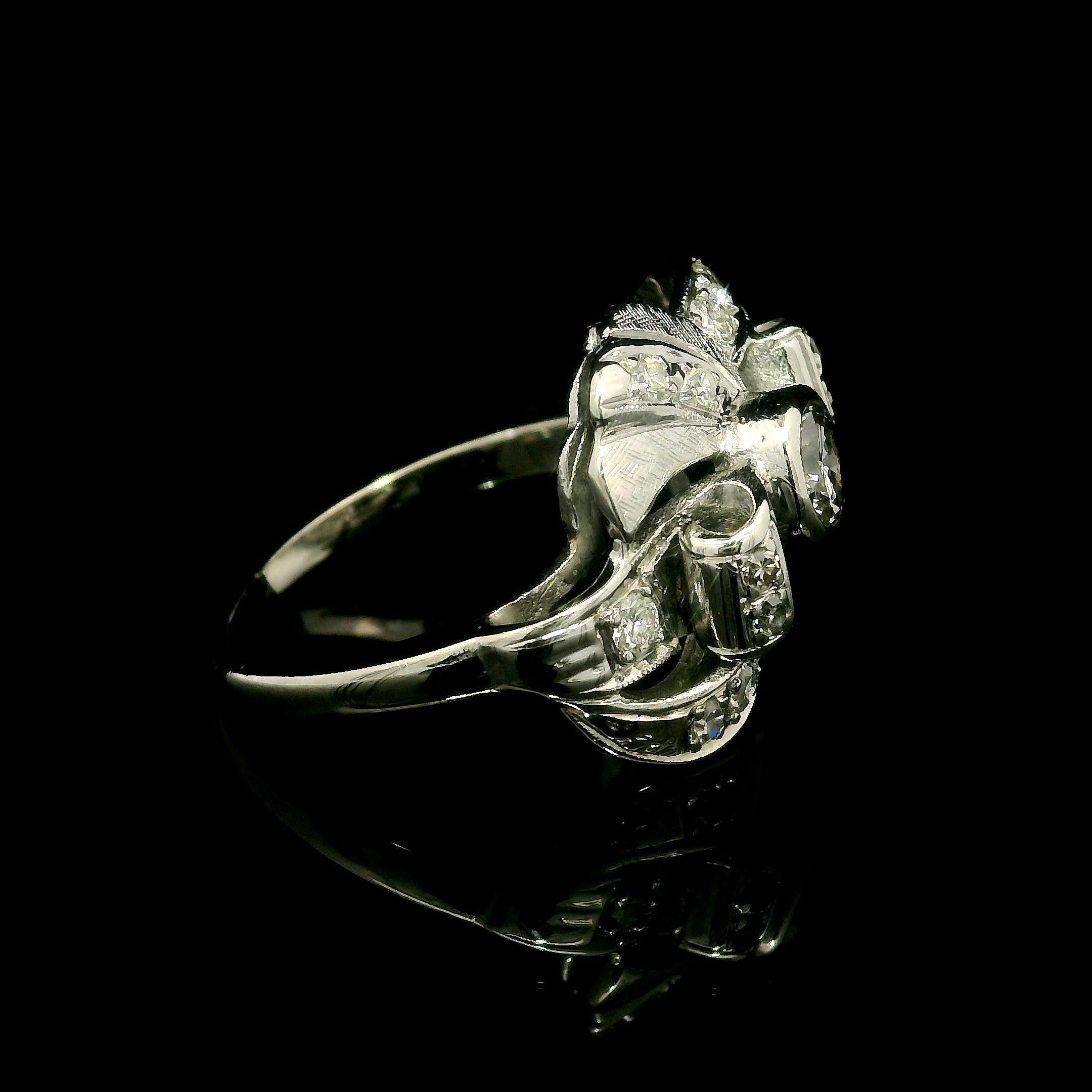 Vintage White Gold 0.85ctw Diamond Bow Style Textured Ribbon Cocktail Ring For Sale 1