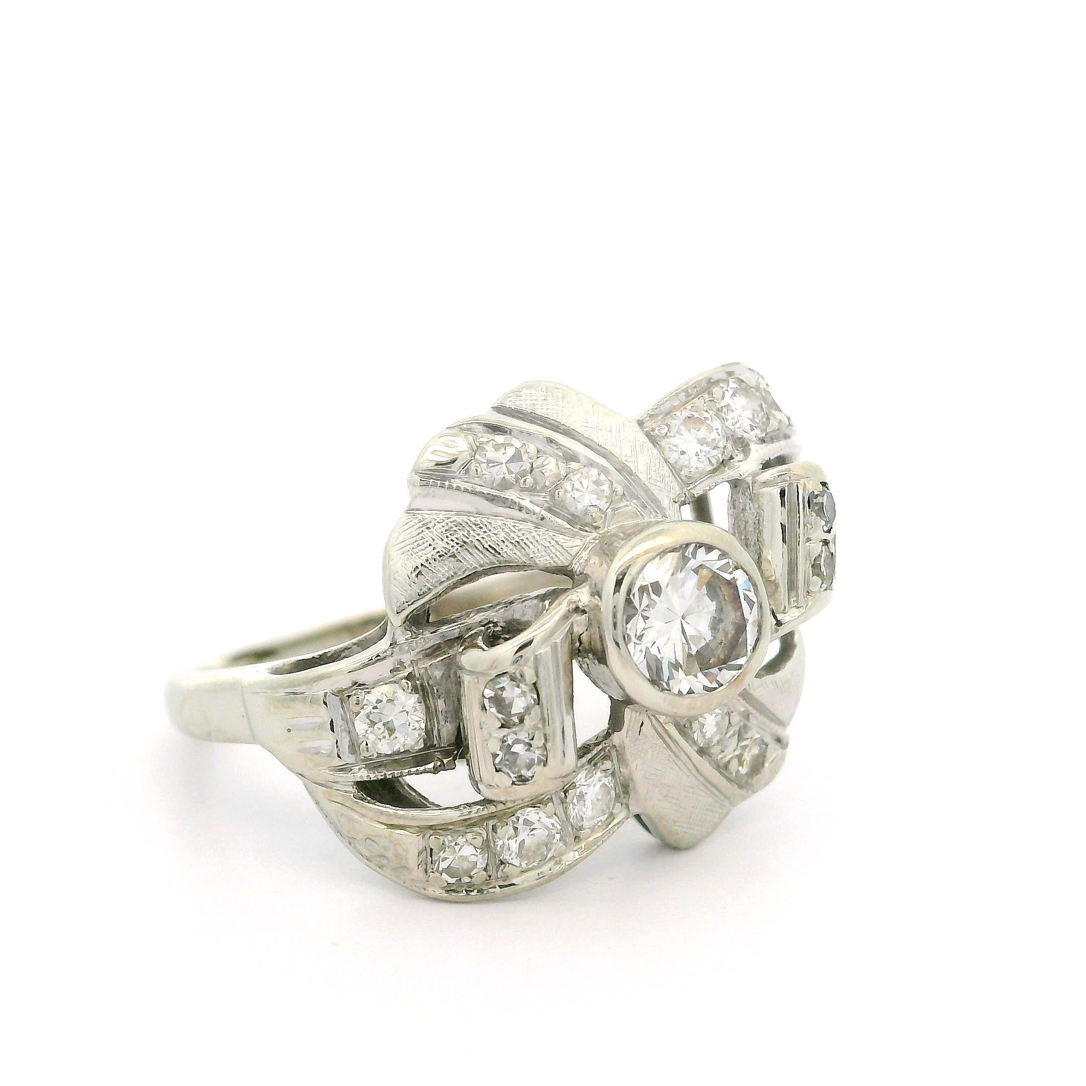Vintage White Gold 0.85ctw Diamond Bow Style Textured Ribbon Cocktail Ring For Sale 3