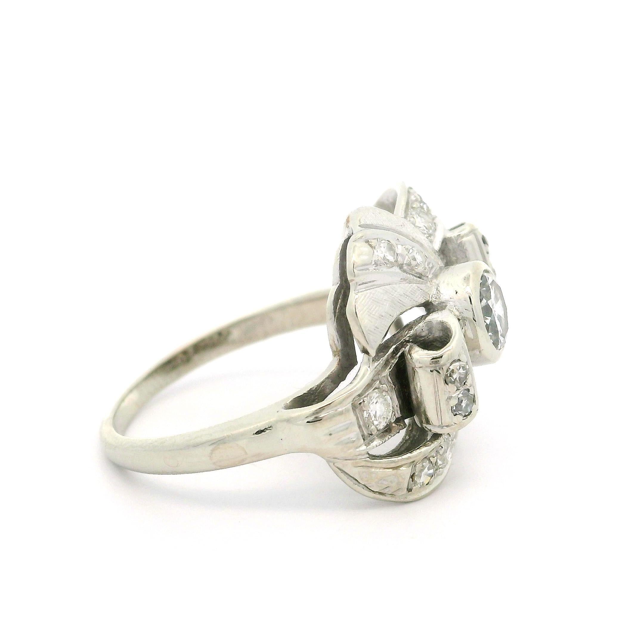 Vintage White Gold 0.85ctw Diamond Bow Style Textured Ribbon Cocktail Ring For Sale 4