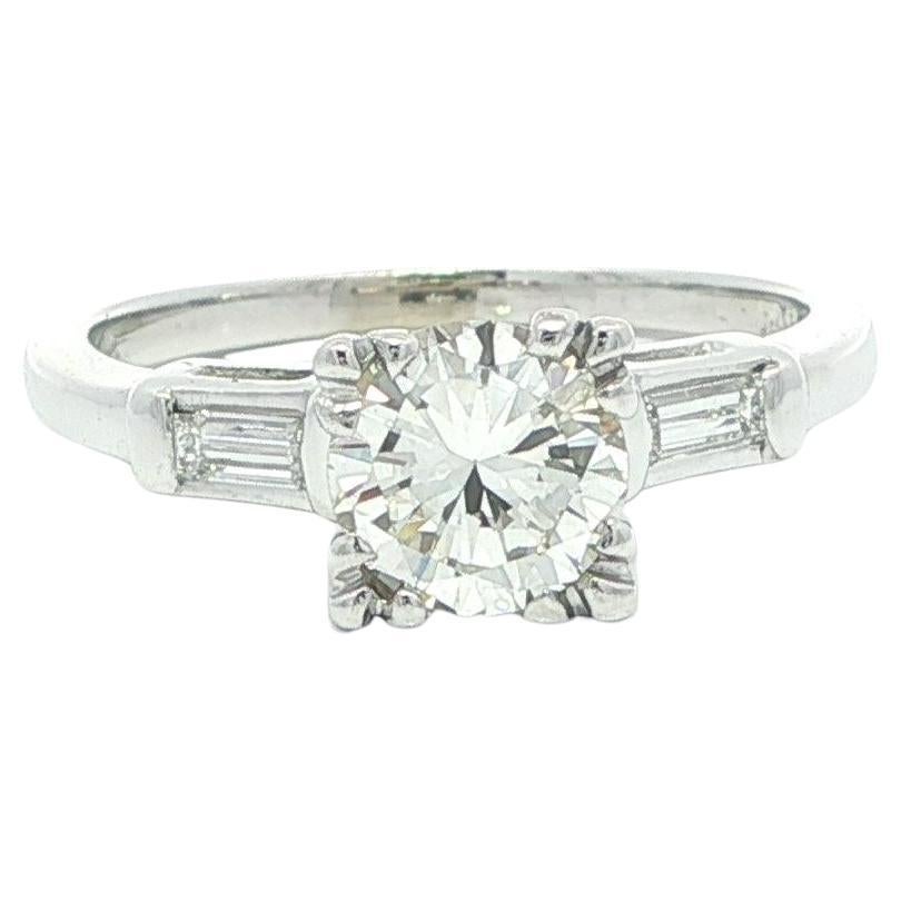 Vintage White Gold 1.02ct Round & Baguette Diamond Classic Engagement Ring
