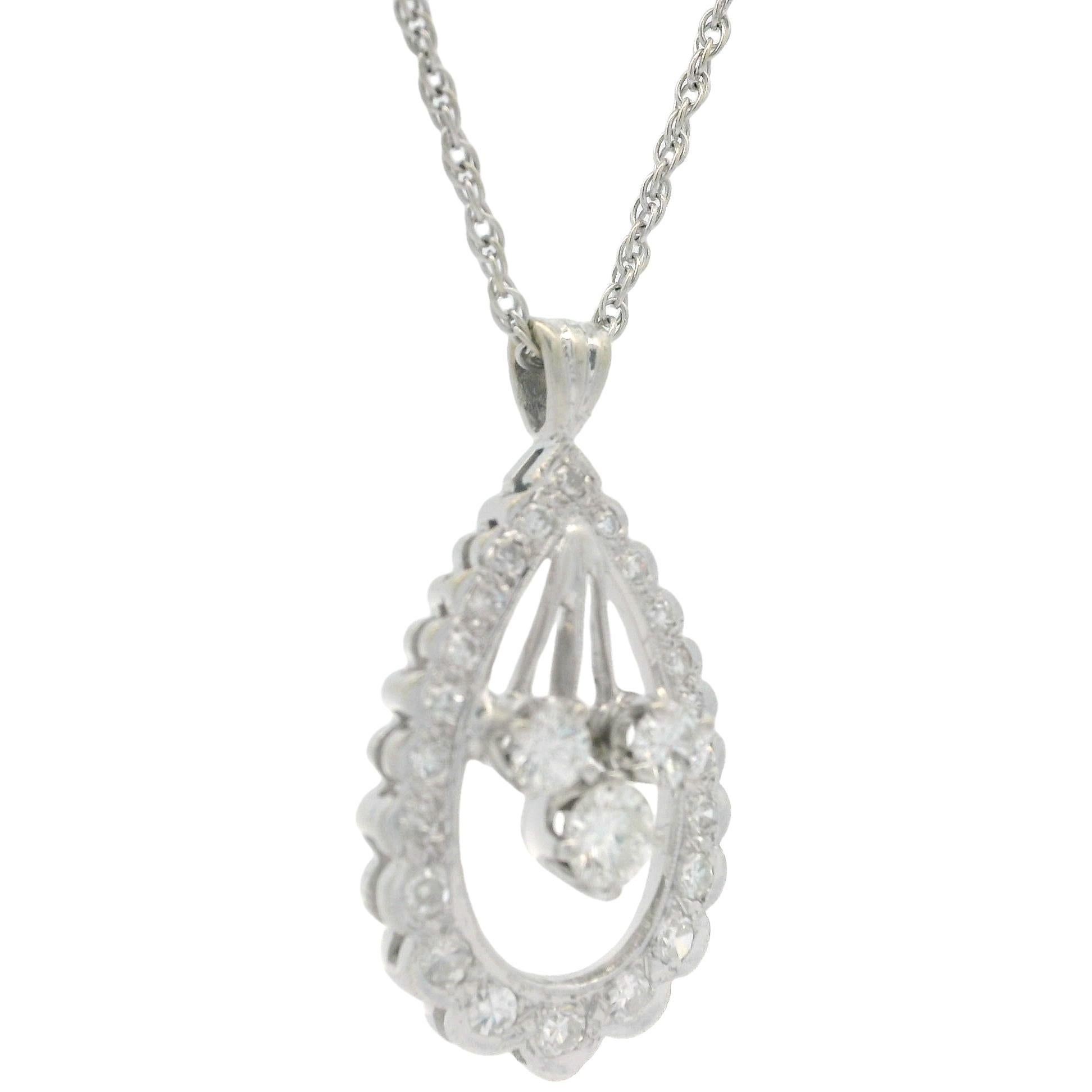 Vintage White Gold 1.06ctw Fiery Diamond Teardrop Pendant on 18