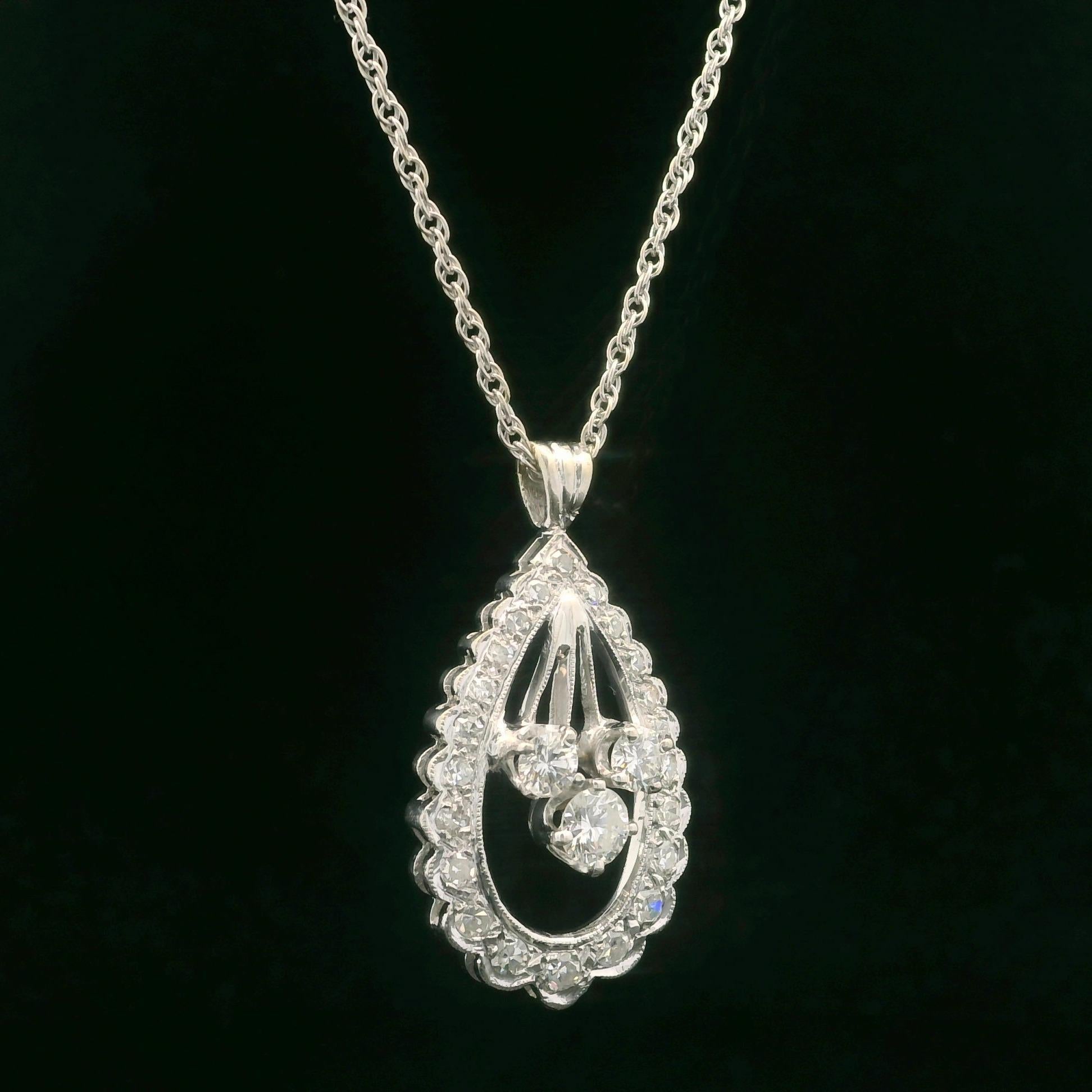 Brilliant Cut Vintage White Gold 1.06ctw Fiery Diamond Teardrop Pendant on 18