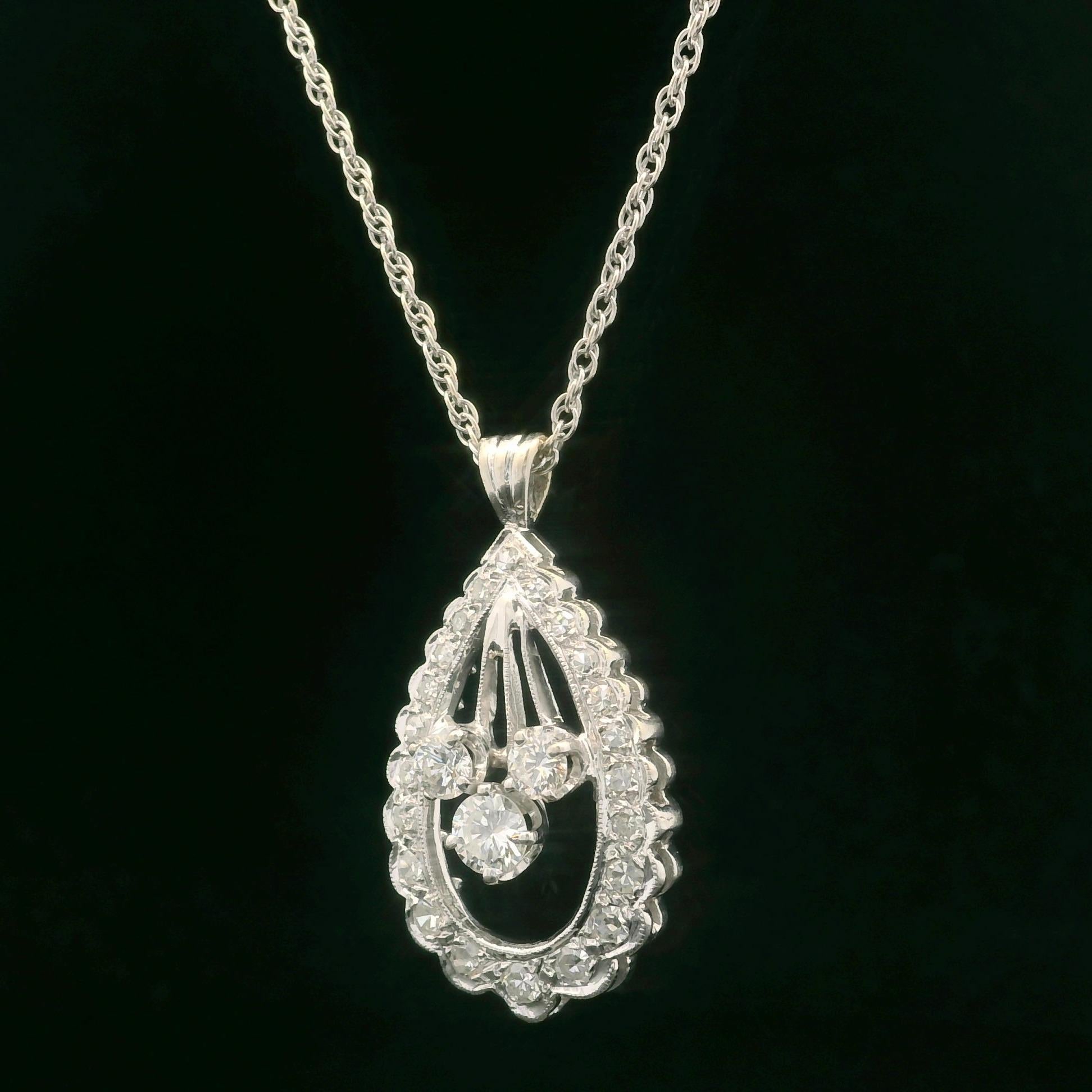 Vintage White Gold 1.06ctw Fiery Diamond Teardrop Pendant on 18
