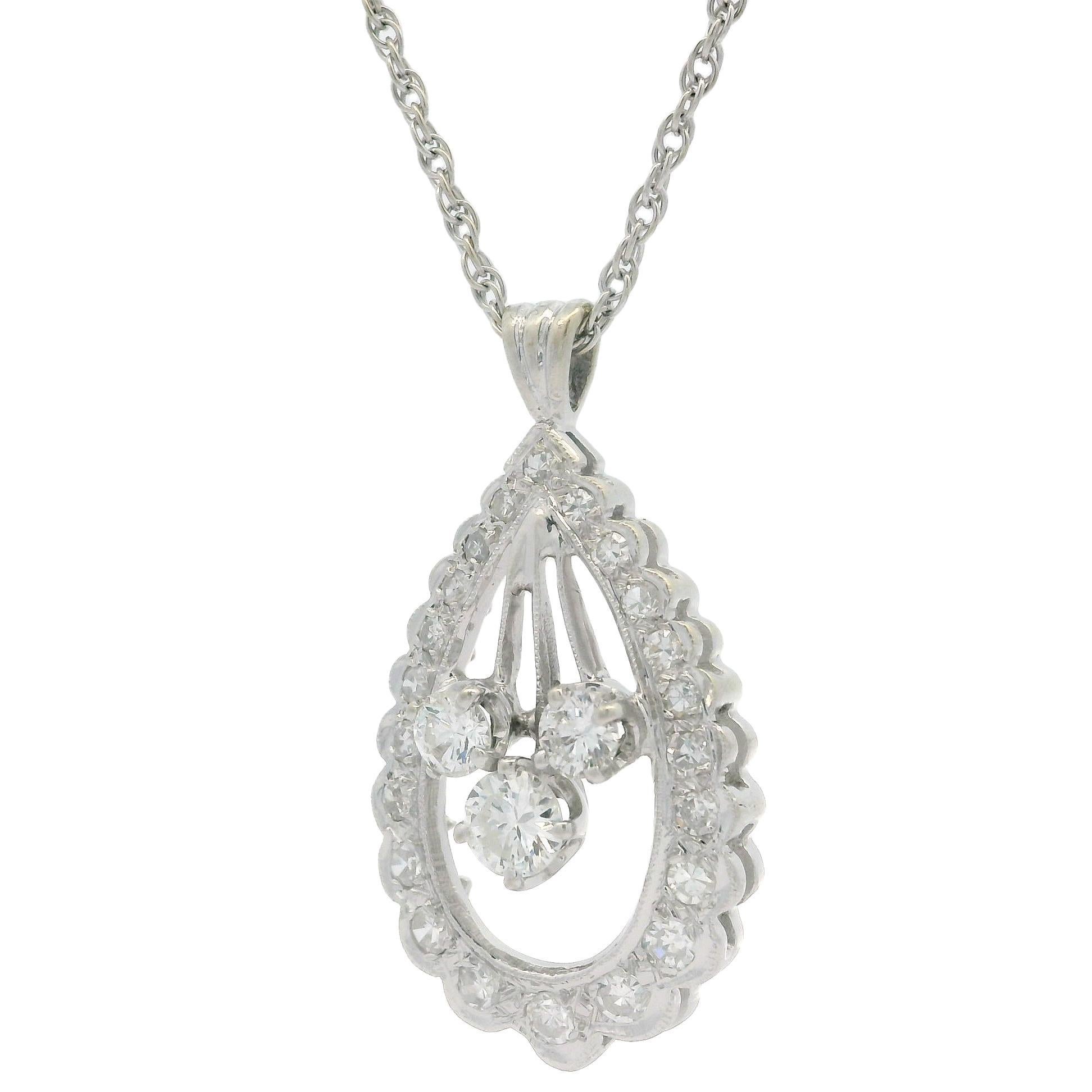 Vintage White Gold 1.06ctw Fiery Diamond Teardrop Pendant on 18