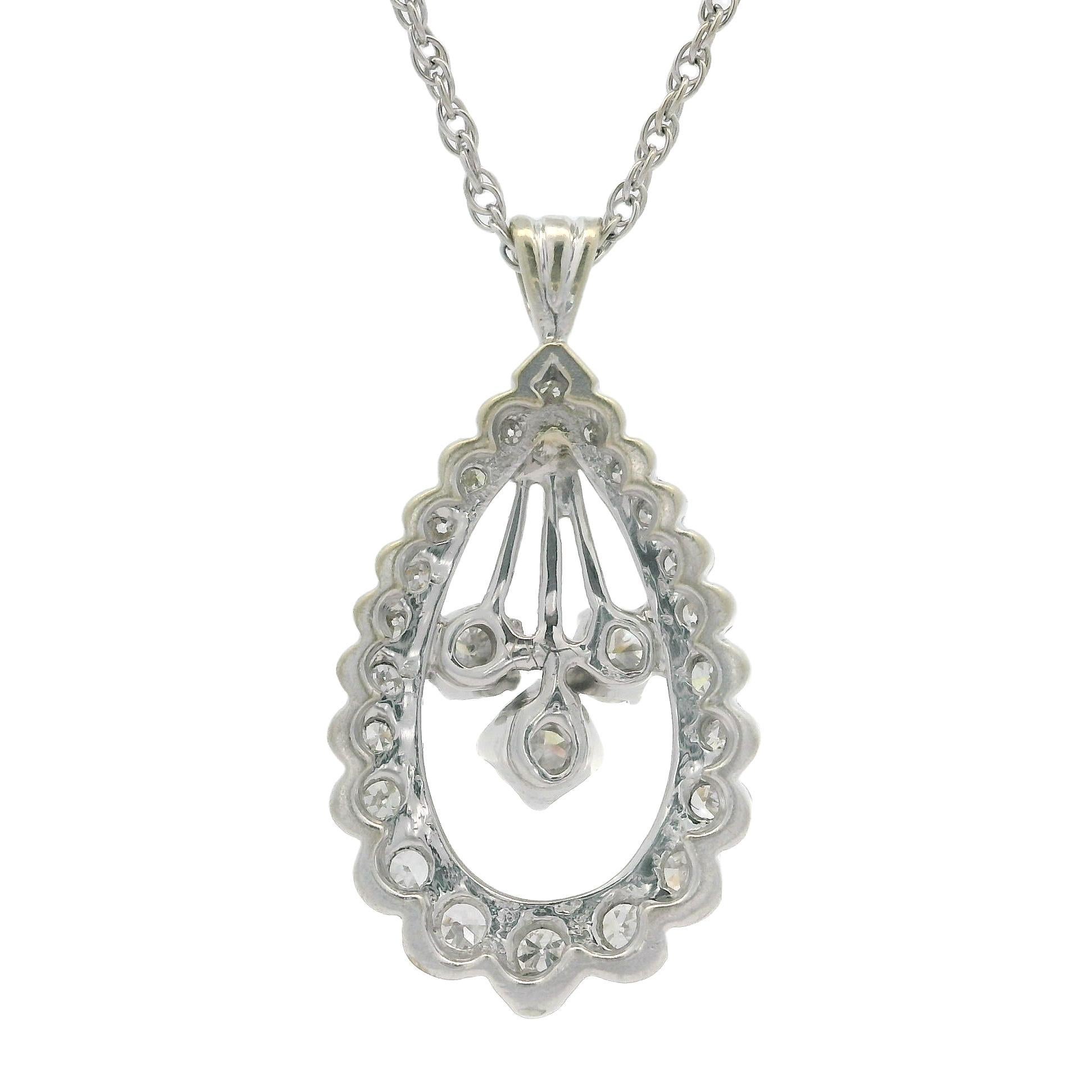 Vintage White Gold 1.06ctw Fiery Diamond Teardrop Pendant on 18