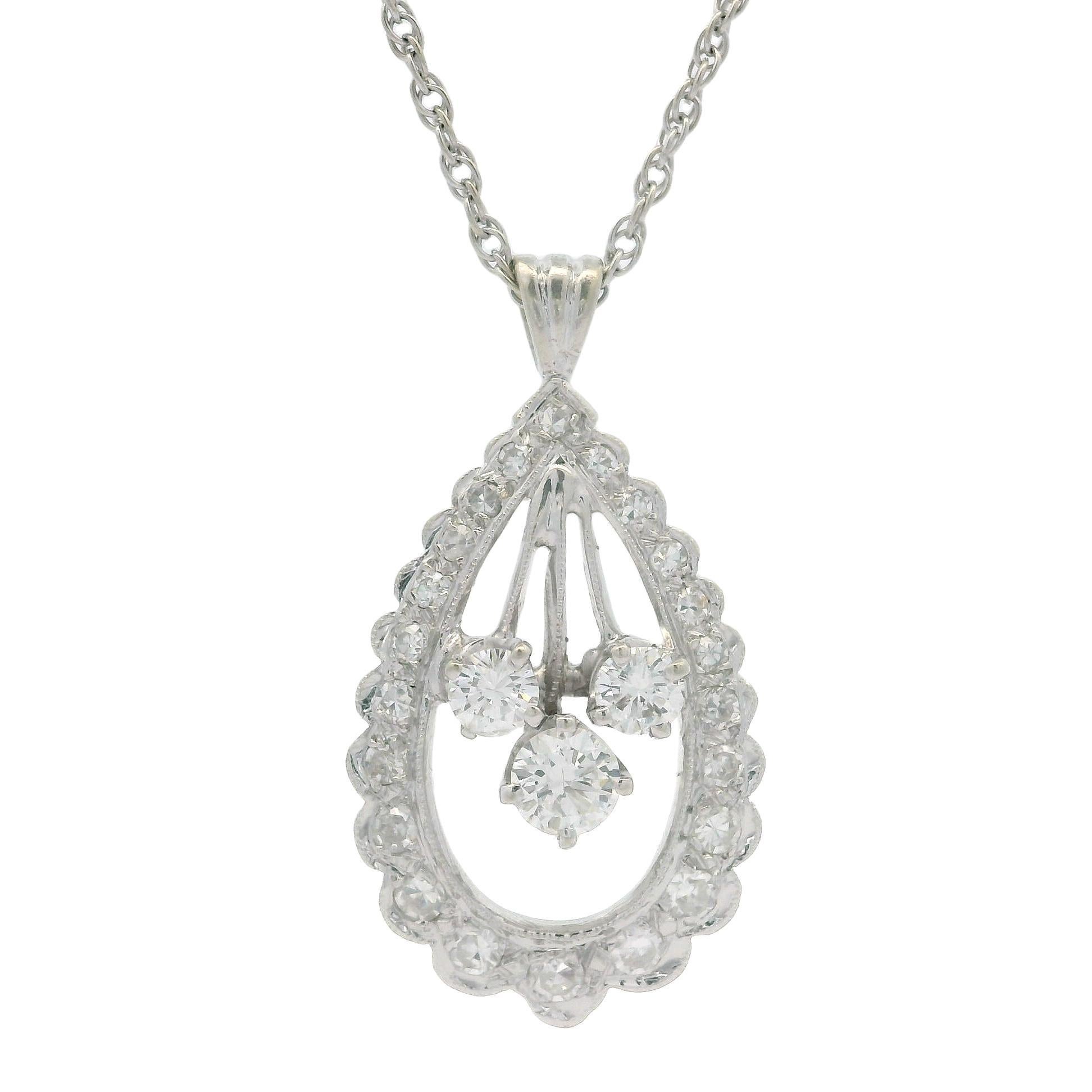 Vintage White Gold 1.06ctw Fiery Diamond Teardrop Pendant on 18