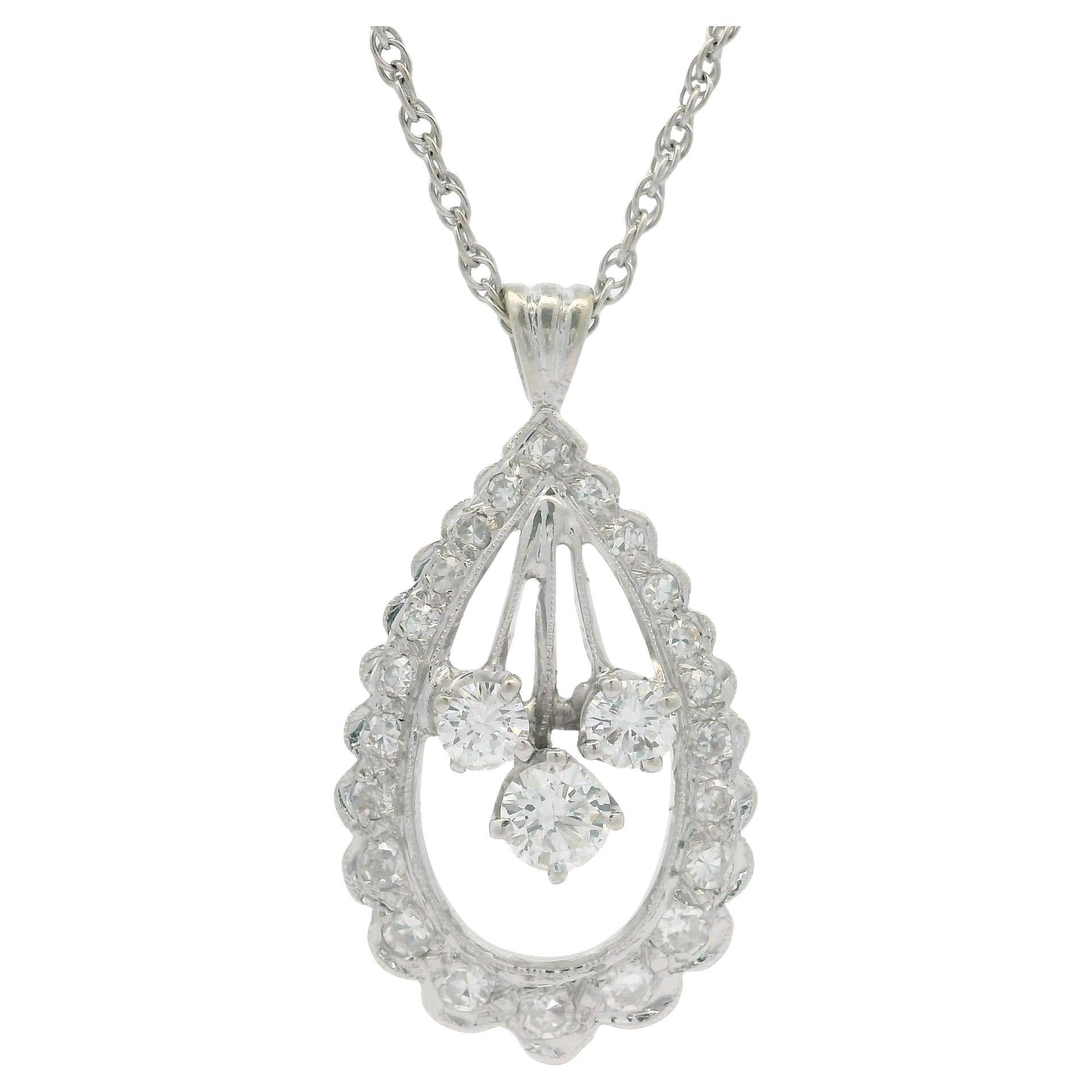 Vintage White Gold 1.06ctw Fiery Diamond Teardrop Pendant on 18" Rope Necklace