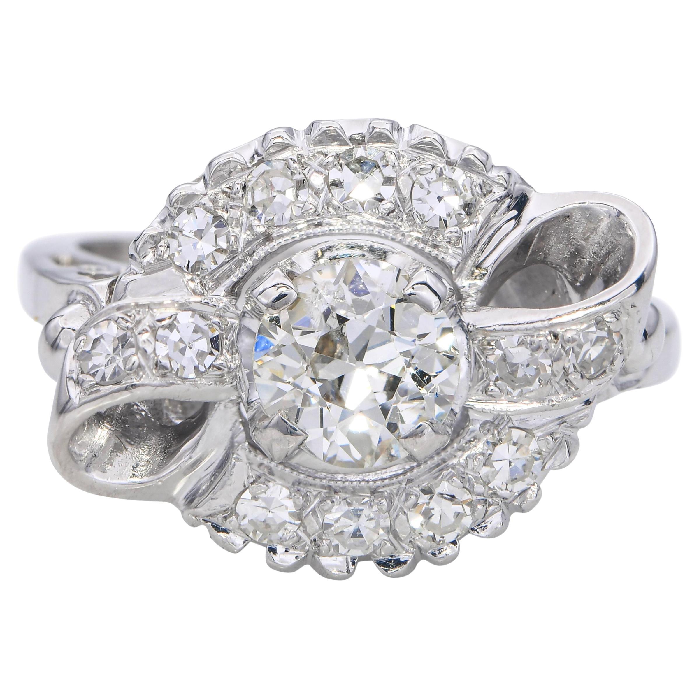 Bague Bow en or blanc vintage 1.26tcw Old Euro Cut Diamond Bow Ring
