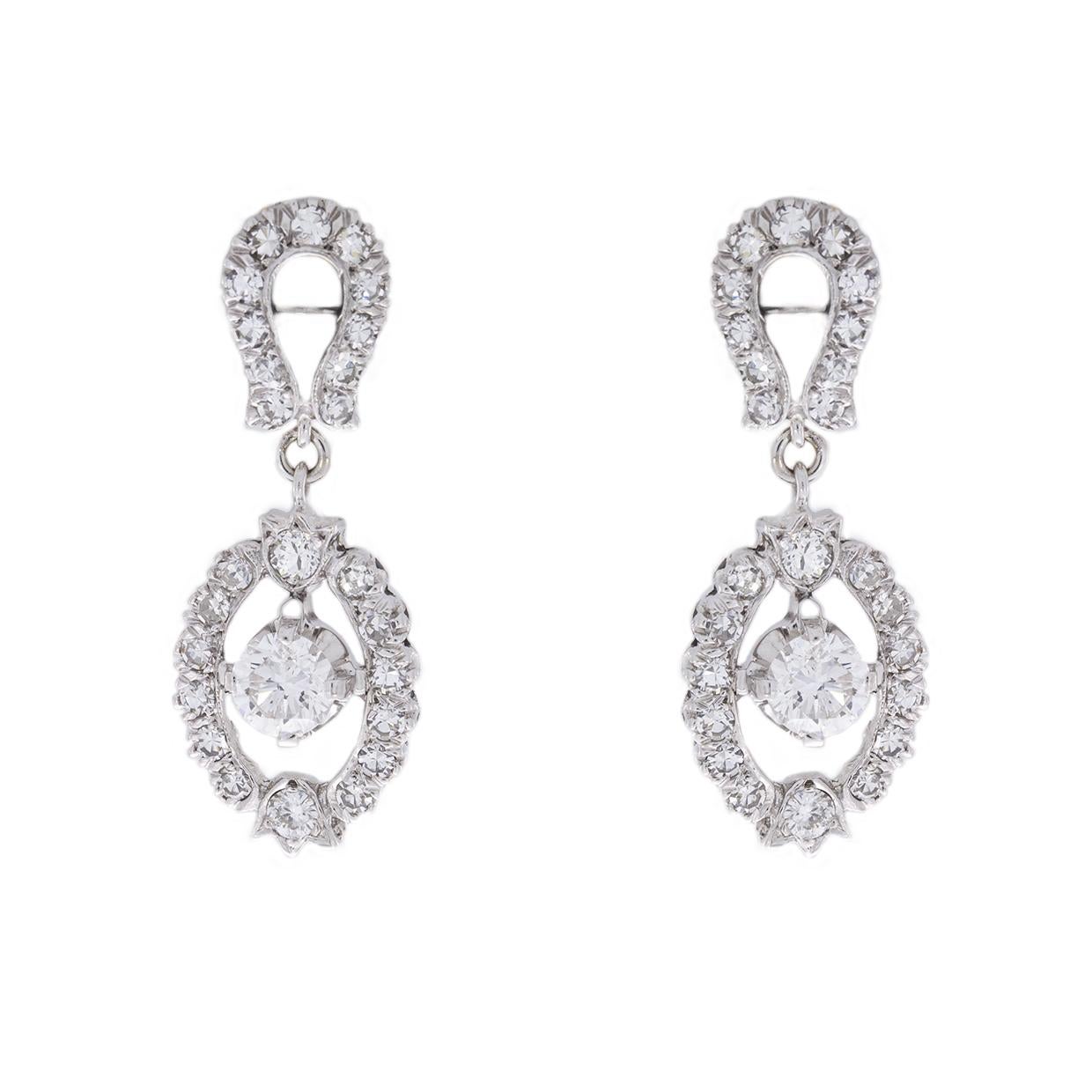 Round Cut Vintage White Gold 1.62 Carat Round Diamond Dangle Earrings For Sale