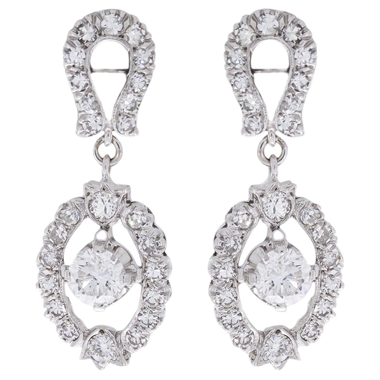 Vintage White Gold 1.62 Carat Round Diamond Dangle Earrings For Sale