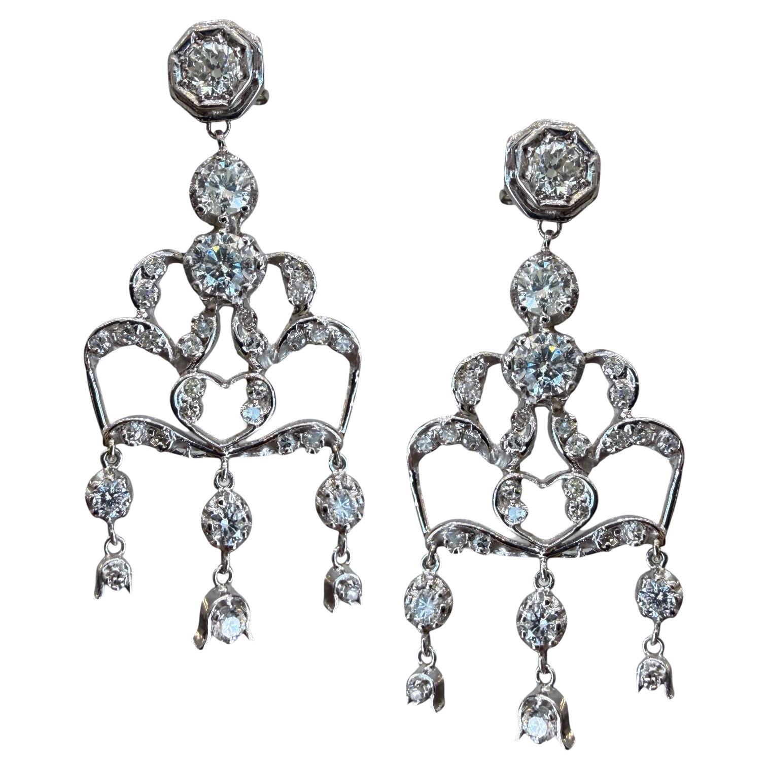 Orecchini a lampadario con diamanti Vintage Edwardian 3.50 Ct Oro Bianco 1950s