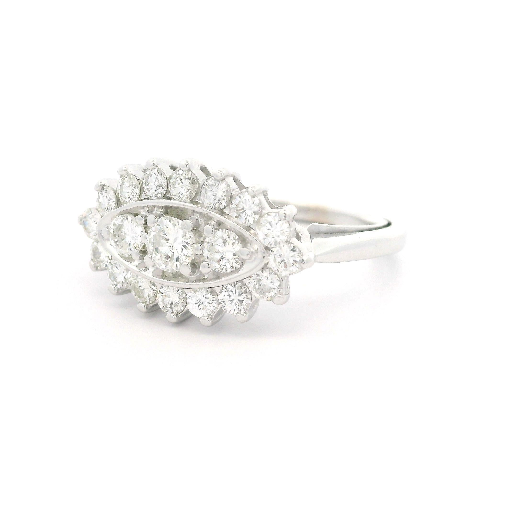 Vintage White Gold 1ctw Round Diamond Sideways Marquise Shape Navette Ring For Sale 5
