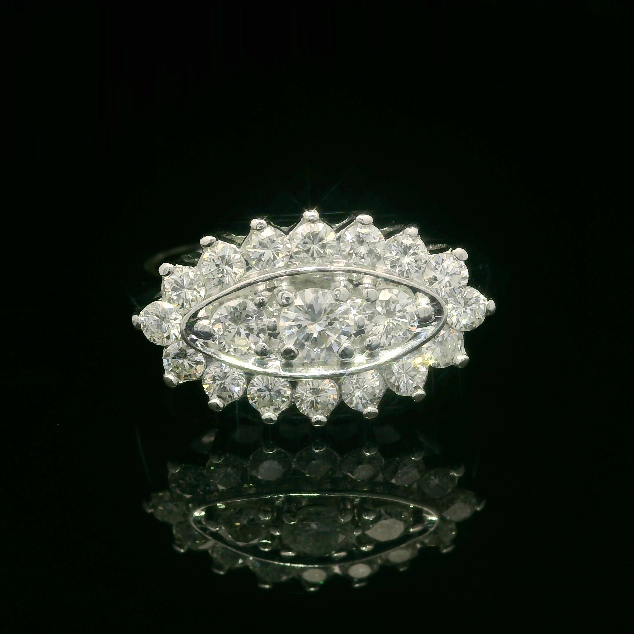 Brilliant Cut Vintage White Gold 1ctw Round Diamond Sideways Marquise Shape Navette Ring For Sale