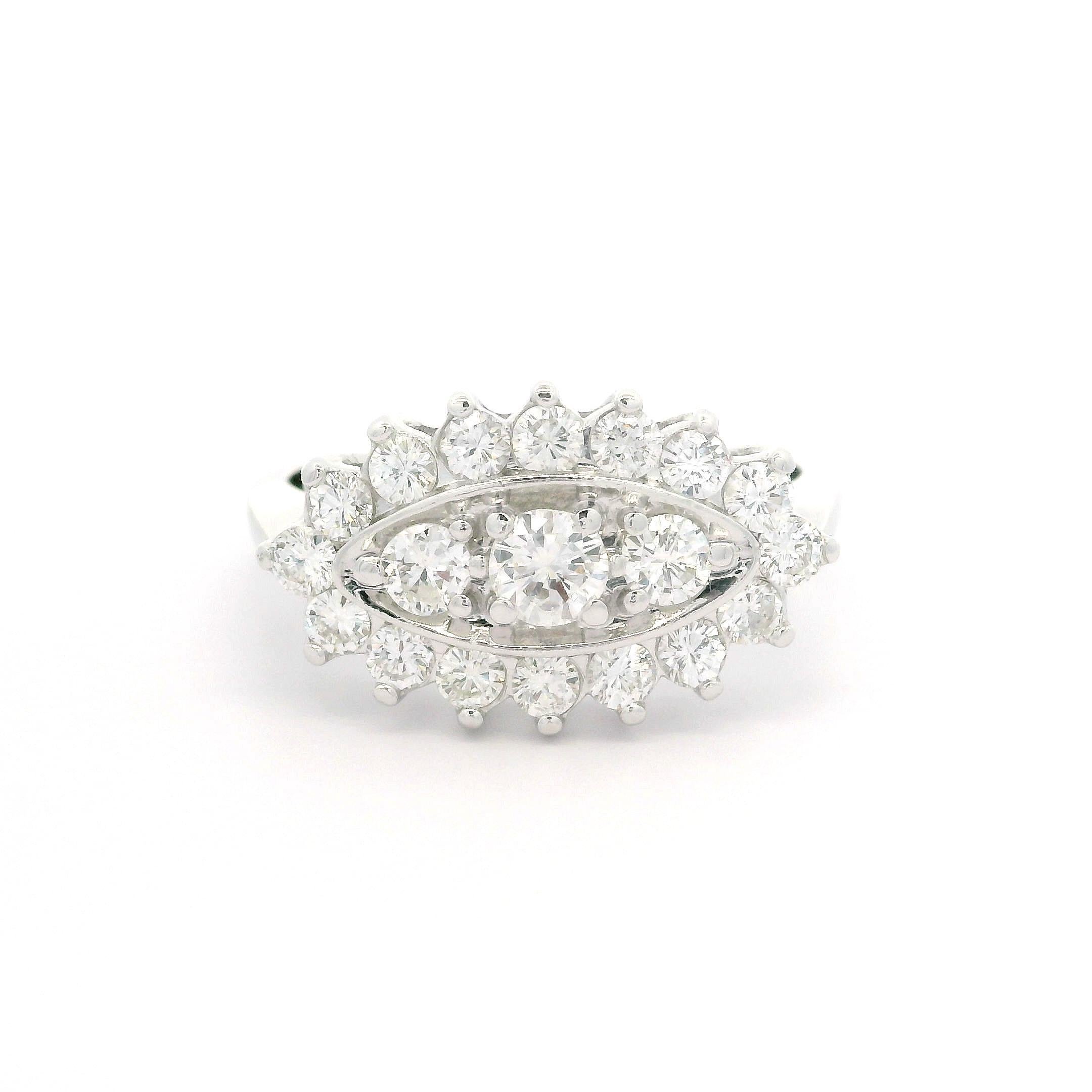 Vintage White Gold 1ctw Round Diamond Sideways Marquise Shape Navette Ring For Sale 3