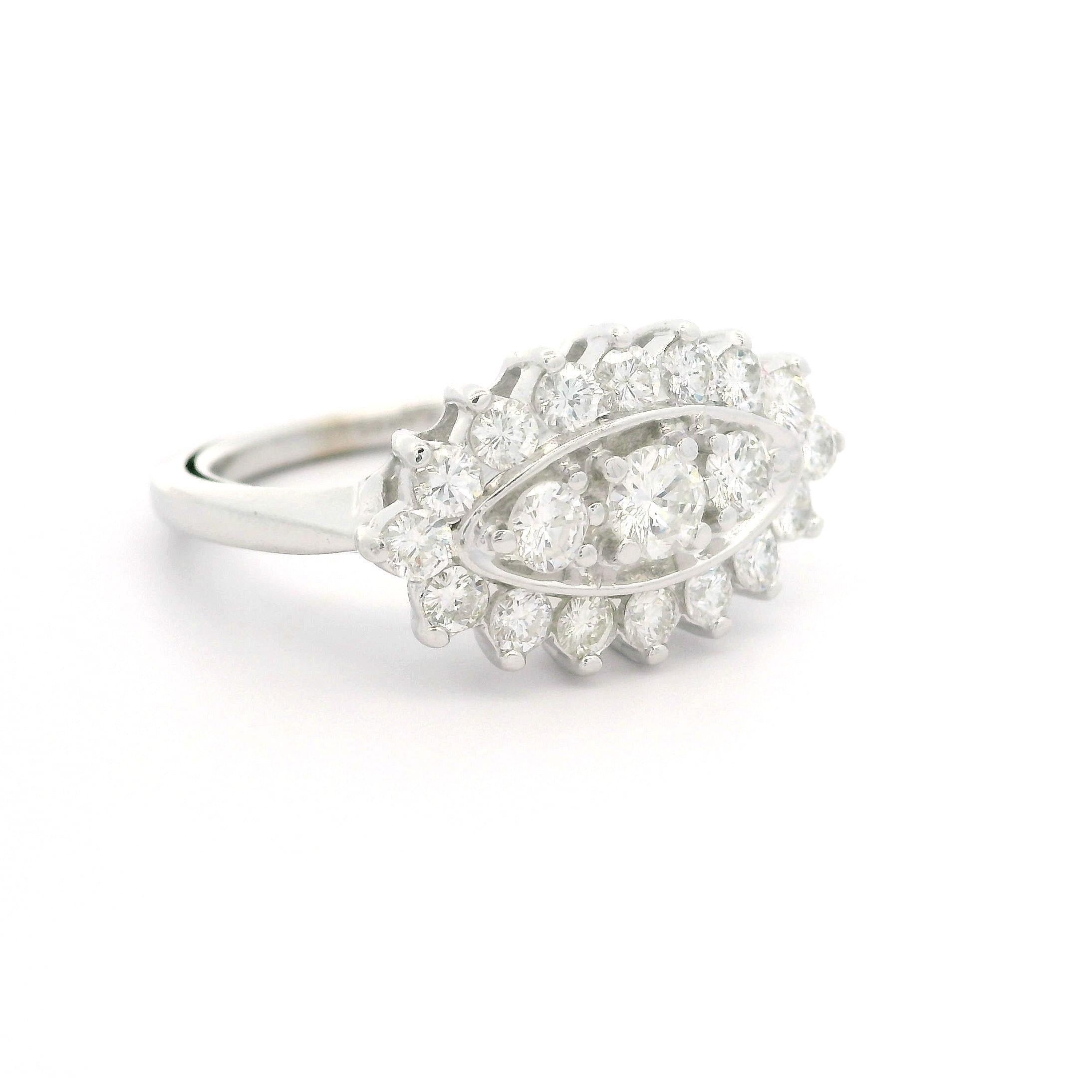 Vintage White Gold 1ctw Round Diamond Sideways Marquise Shape Navette Ring For Sale 4