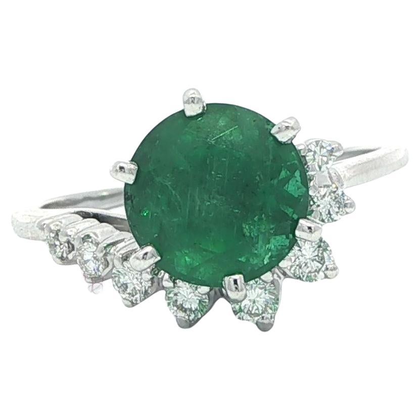 Vintage White Gold 2.67ctw GIA Large Round Green Emerald Diamond Swirl Ring For Sale