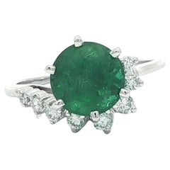 Vintage White Gold 2.67ctw GIA Large Round Green Emerald Diamond Swirl Ring