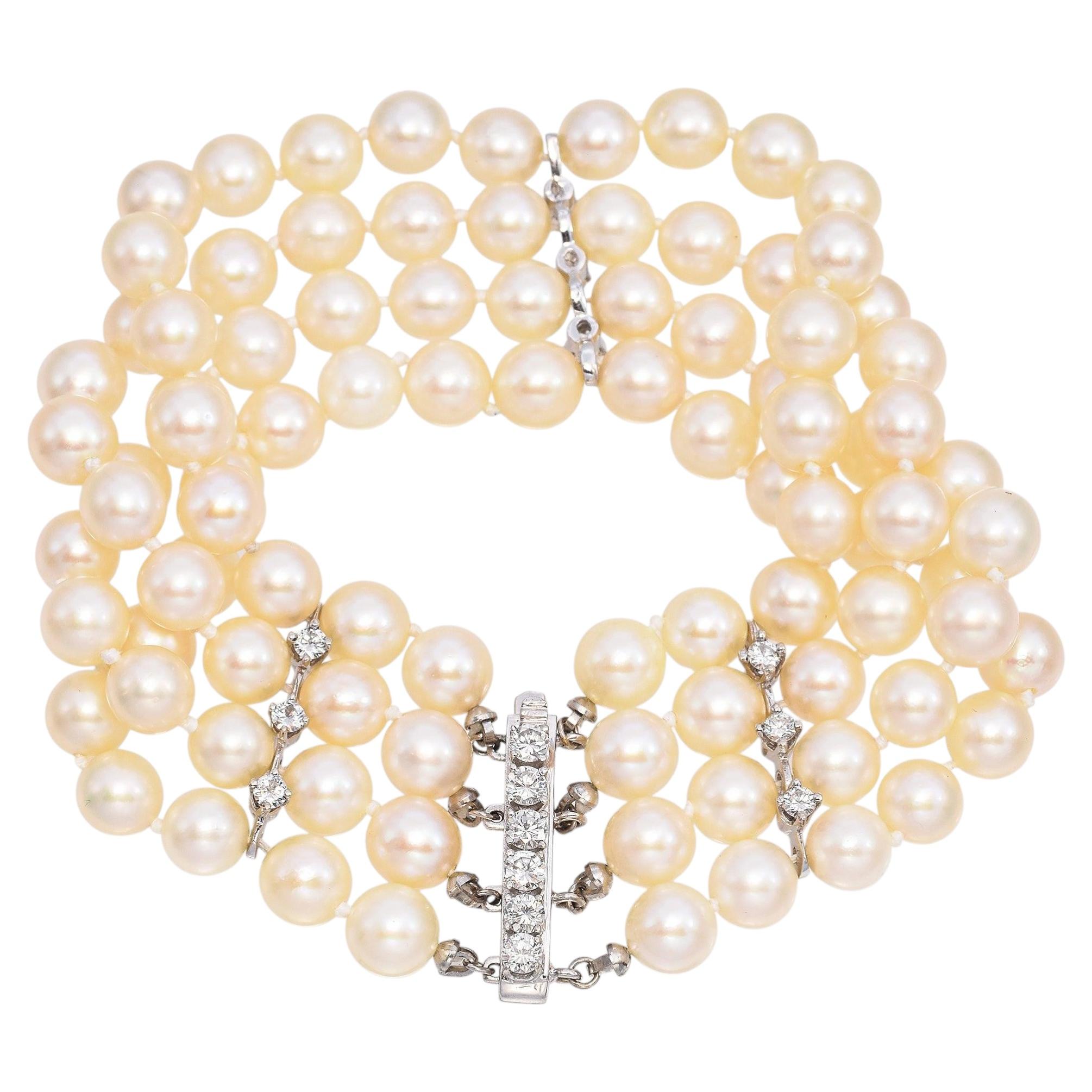 Vintage White Gold 4 Row Pearl and Diamond Bracelet