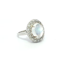 Vintage White Gold 4.93ctw Rainbow Moonstone Single Cut Diamond Halo Frame Ring