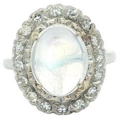 Anello vintage in oro bianco con pietra lunare arcobaleno da 4,93 ct. con diamante a taglio singolo e montatura a raggiera