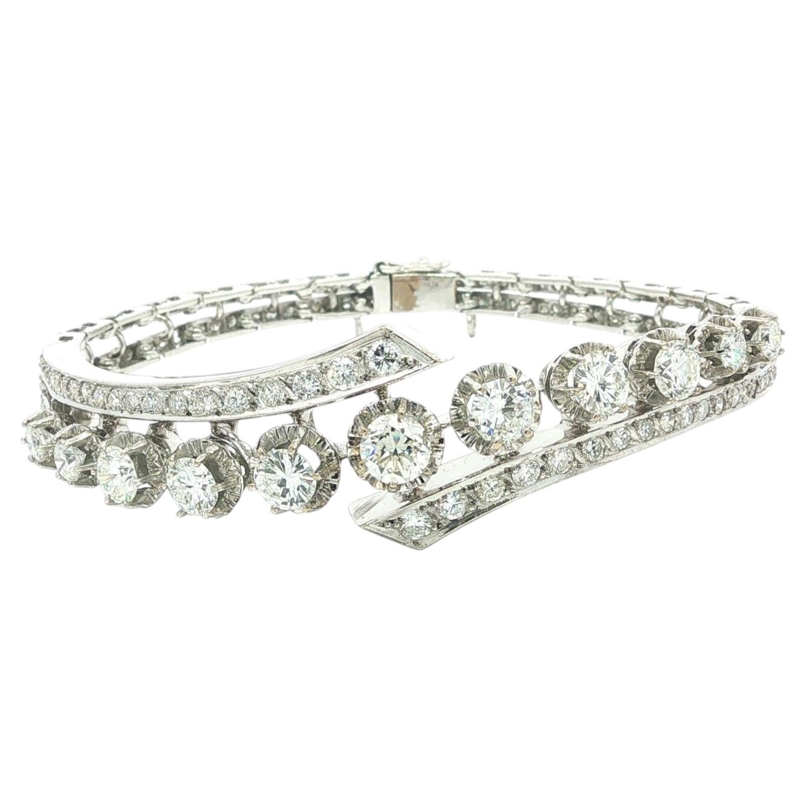 Vintage White Gold 5.7ctw Old Diamond Bypass Style Bangle Like Link Bracelet